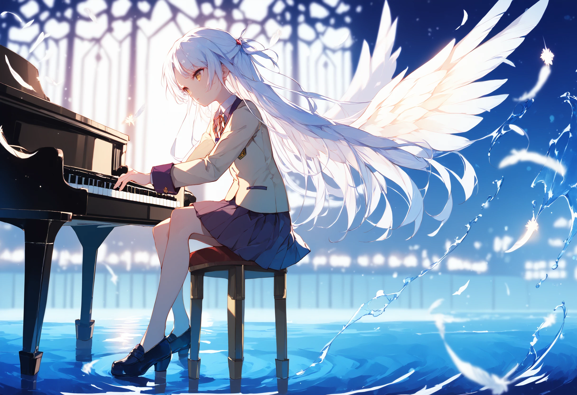 score_9, score_8_up, score_7_up, score_6_up, best quality, masterpiece,
tachibana kanade, 1girl, solo, piano, large wings, white feathers, flight feathers, long hair, school uniform, blazer, jacket, white hair, angel wings, yellow eyes, skirt, seated, on stool, playing piano,
wide shot, from side, full body, water, depth of field, foreshortening
<lora:avian_mge_concepts_v11:1>