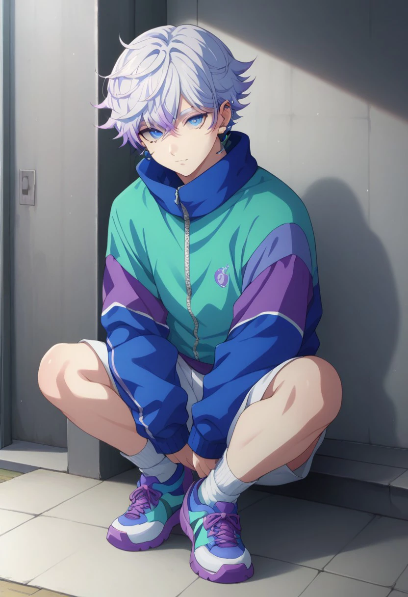 score_9, score_8_up, score_7_up, source_anime, highly detailed, 
Nayuta, 1boy, male focus, solo, shorts, jacket,shoes, socks, white socks, white shorts, blue eyes, multicolored hair, looking at viewer, sneakers, multicolored jacket, white hair, purple hair, long sleeves, shoes, sneakers, multicolored clothes, jewelry, ear piercing, earrings, piercing, sit.