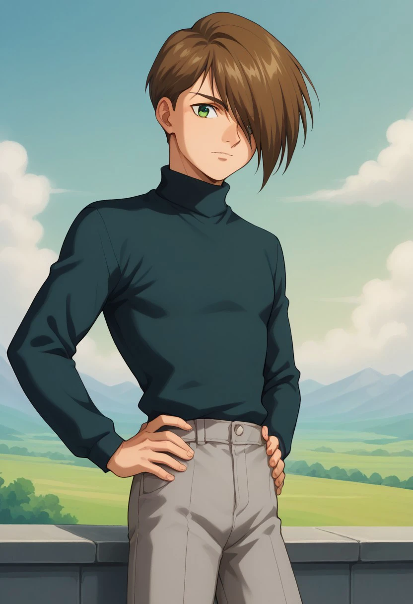 score_9, score_8_up, score_7_up, source_anime, highly detailed, 
trowa, 1boy, solo, male focus, hair over one eye, brown hair, hands on hips, long sleeves, turtleneck, green eyes, pants, sweater, looking at viewer, black shirt,
pants, grey pants, upper body,
outdoor, sky,