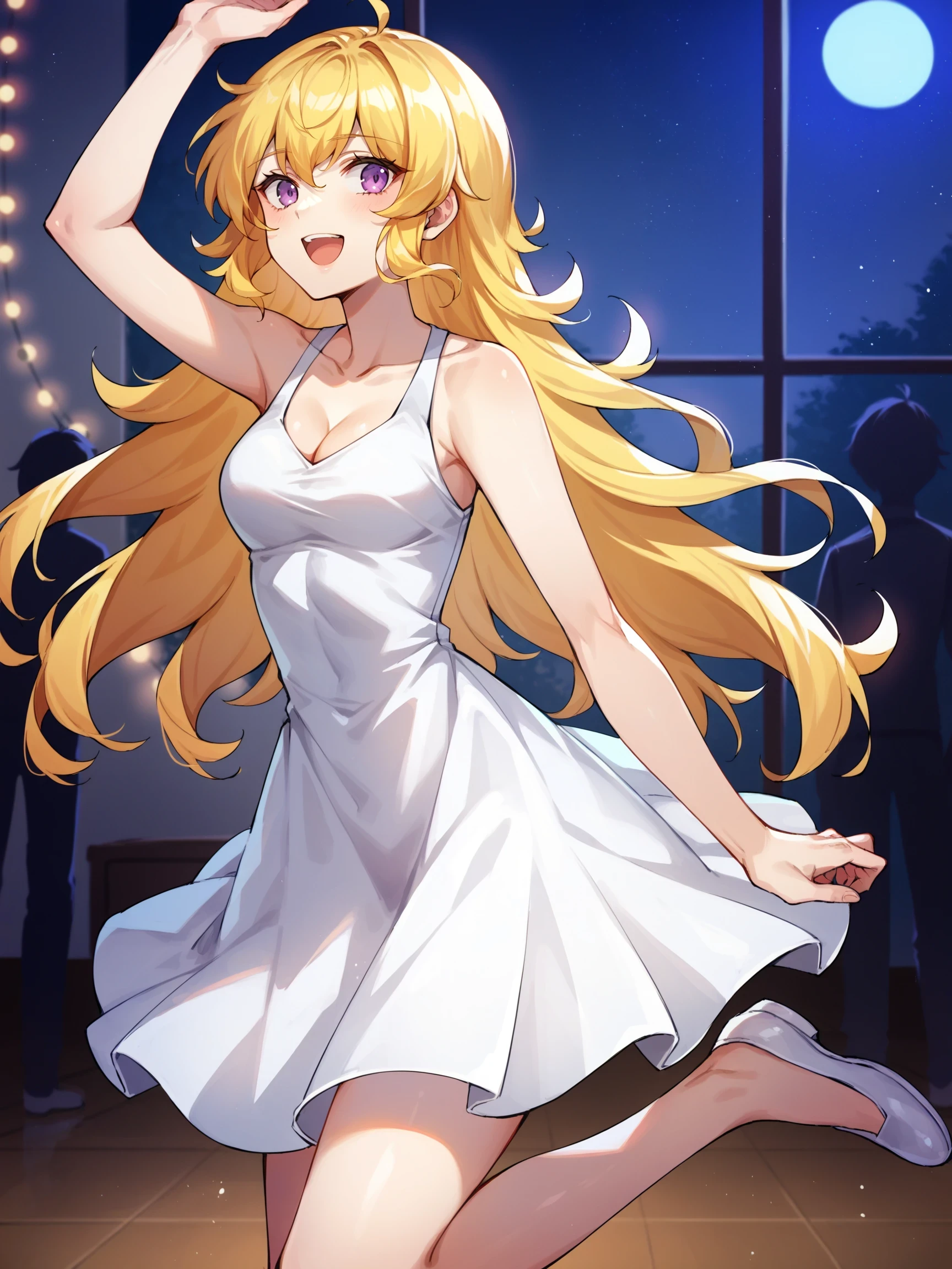 YangXiaoLong, 1girl, blonde hair, long hair, ahoge, purple eyes, dancing, ball room, dance room, party, (night:1.5),

score_9, score_8_up, score_7_up, source_anime, masterpiece, YangDanceDress, dress, white dress, cleavage, white shoes, bare legs, sleeveless