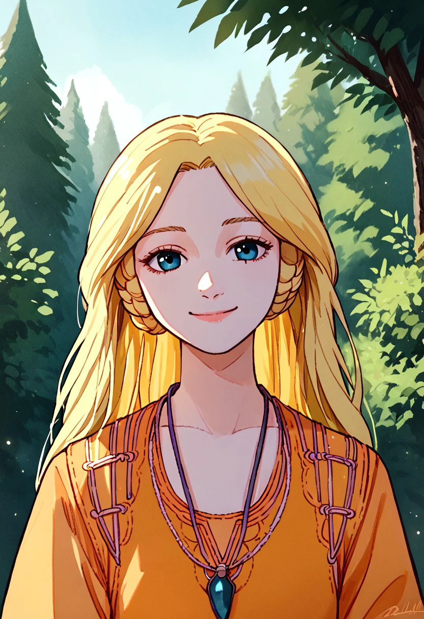 score 9, score 8, score 7, 1girl, solo, pmel, blonde hair, long hair, braids, upper body, orange dress, looking at viewer, smile, necklace, exterior, forest,