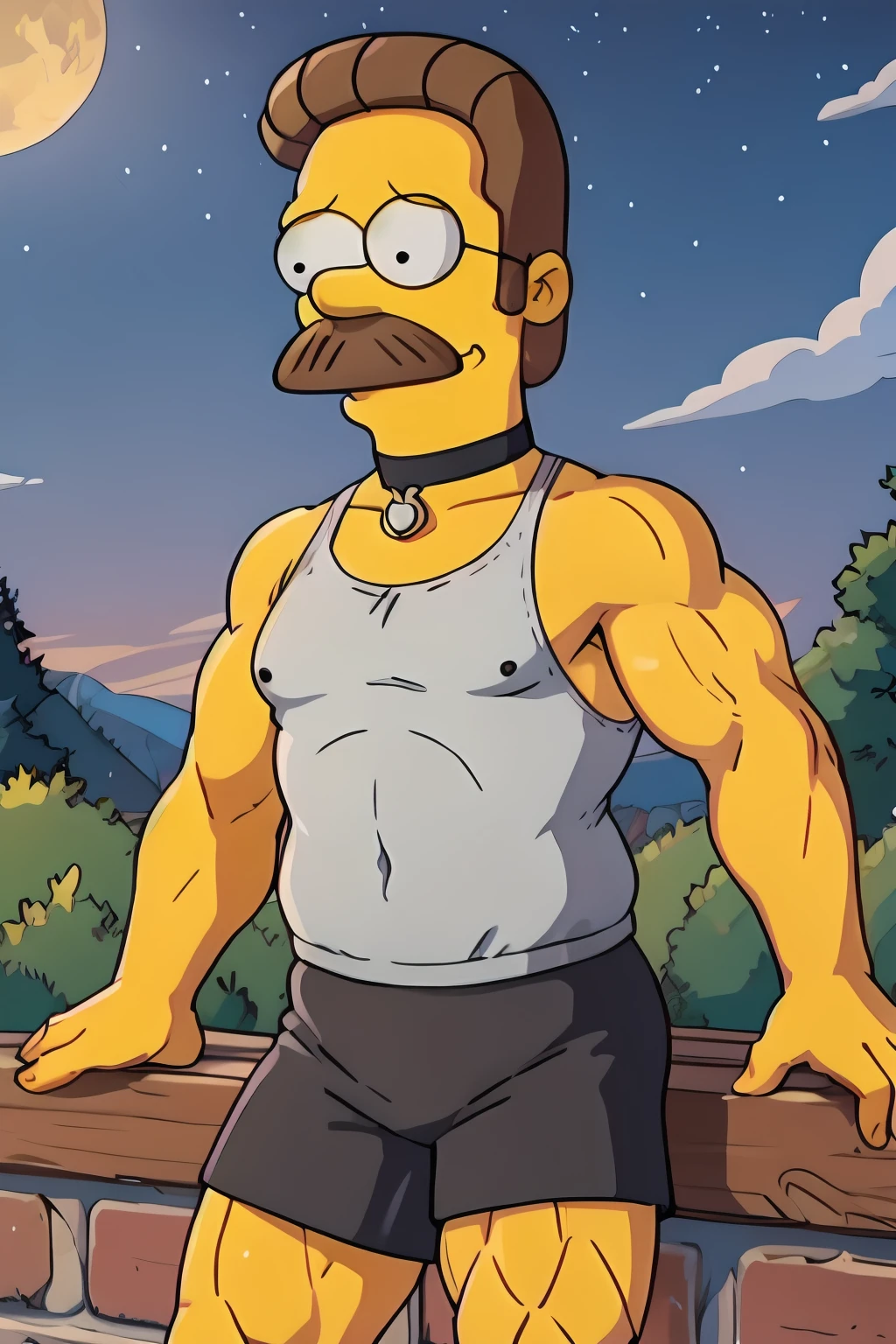 <lora:SC-TS_NedFlanders:0.9>, n3df, masterpiece, high quality, smile, closed mouth, 1boy, round eyes, black eyes, round eyewear, mustache, the simpsons, 4 fingers, dot pupil, yellow skin, black eyes, short hair, brown hair, bara, muscular, pectorals, tank top, choker, latex shorts, fishnet shirt, outdoors, night