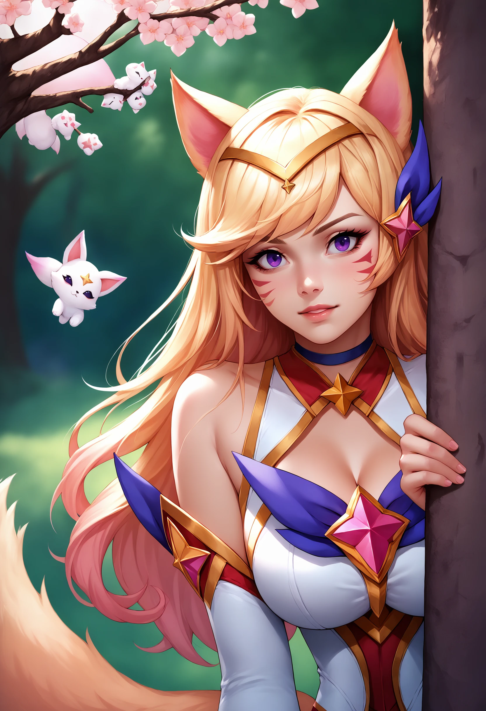 score_9, score_8_up, score_7_up, ahriStrGdn, animal ears, facial mark, fox tail, multiple tails, long hair, blonde hair, purple eyes, large breasts, hair ornament, choker, magical girl, star (symbol), bare shoulders, cleavage, detached sleeves, <lora:Ahri_StarGuardian_pdxl_Incrs_v1:1>, <lora:PeekingOut_pdxl_Incrs_v1:1.2>, peeking out, upper body, tree, day,