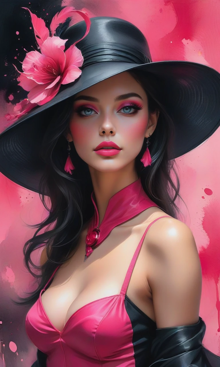 sexy, watercolor painting A beautiful woman in hot pink black elegant outfit, with a huge black and hot pink hat, clean makeup, with depth of field, fantastic, bold and majestic themed outfit, captured in vivid colors, embodying the essence of fantasy, minimalist, grain movie, black hole . vibrant, beautiful, painterly, detailed, textural, artistic, athletic build, sporty type, slim body, elastic body, big breasts, big ass, sexy pose, languid gaze, fantastical, stylized,