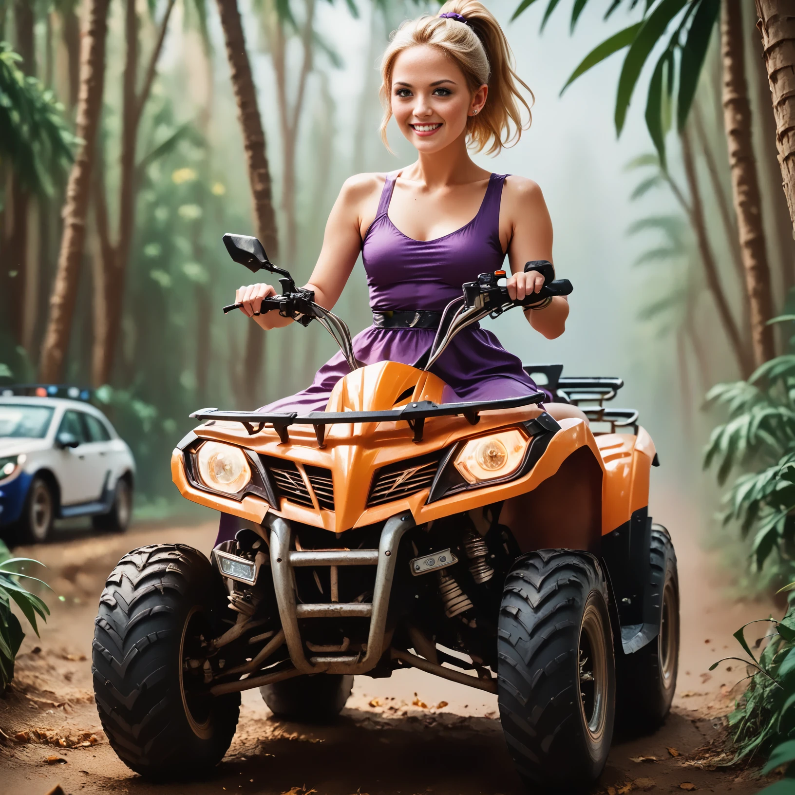 score_9, score_8_up, score_7_up, riqua (front view) , (slim 25yo female) riding a quad. purple dress, sneakers , short blonde ponytail  <lora:RideQuadPony:1>