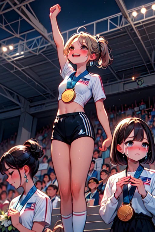 (((masterpiece))), (((best quality))), ((bronze medal)), different colors badges, side by side, 3girls, crying, grin, standing on ranking podium, cheering, athletes uniforms, sports shorts, sweat, olympic rings, olympic venues, crowd in distant stands, cinematic light, medium tits, slim figure, night, ceiling, stadium, above knee, from below, <lora:girlhatebronzemedal:1>