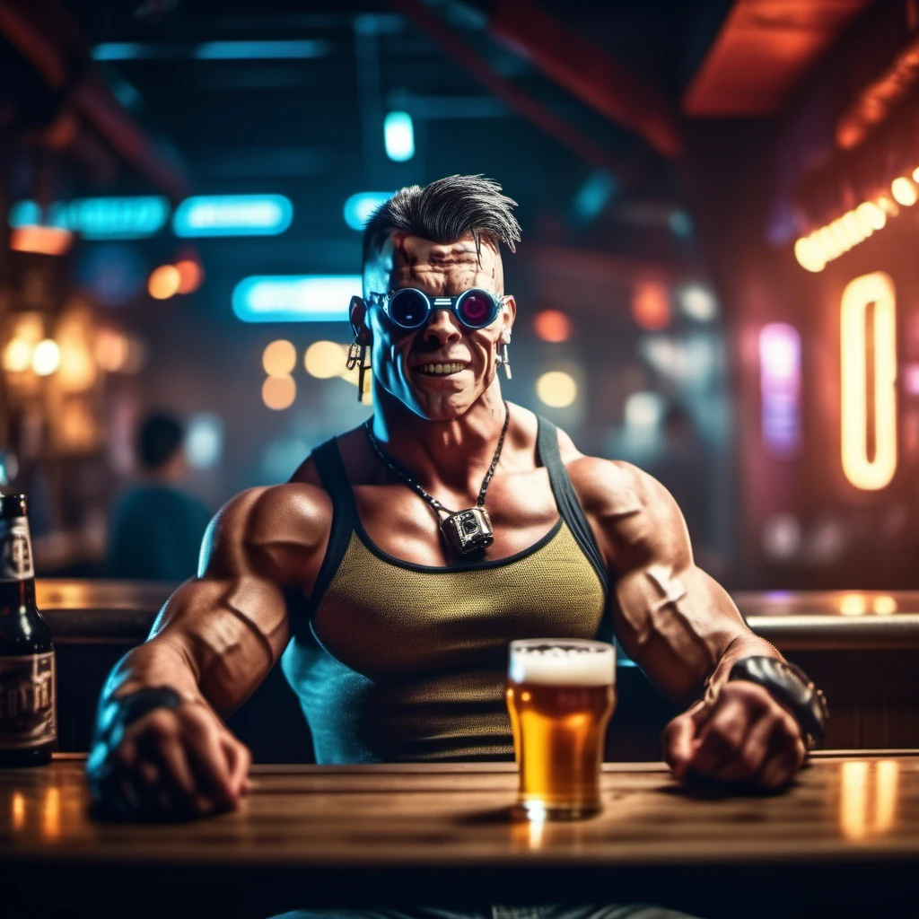 cinematic photo a muscular man, blond long hair, blue eyes, boots, manly, armor, having a beer in a pub <lora:He-man1024:0.8> . 35mm photograph, film, bokeh, professional, 4k, highly detailed