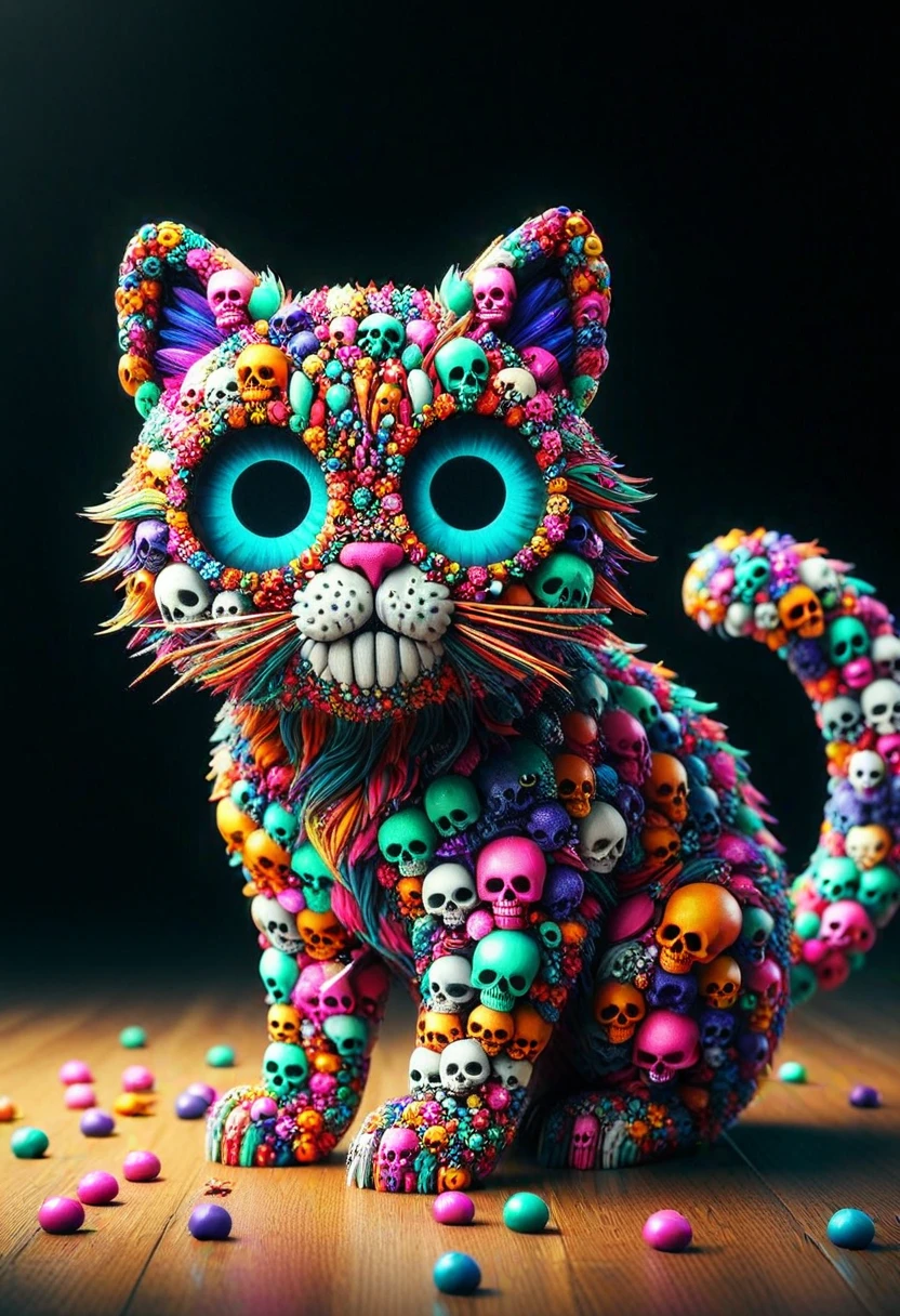 (medium full shot) of a cat made of colorful skulls, a vibrant concert, with neon lights, a packed audience, energetic atmosphere, and stylish stage decor ,Masterpiece,best quality, photo, realistic, very aesthetic