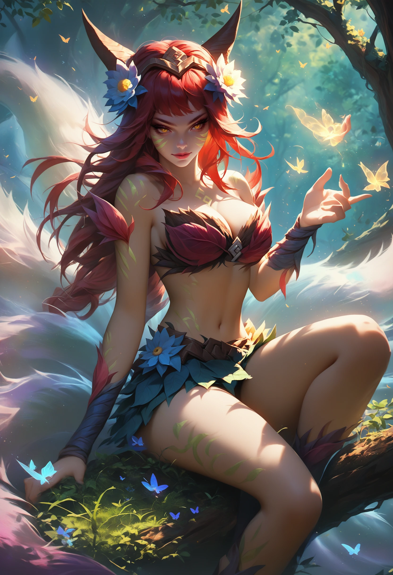 score_9, score_8_up, score_7_up, ahrieldrwod, horns, facial mark, fox tail, multiple tails, long hair, red hair, yellow eyes, large breasts, hair Flower, hair ornament, tattoo, leaf Bikini, bare shoulders, cleavage, navel, leaf skirt, <lora:Ahri_Elderwood_pdxl_Incrs_v1:1>, butterfly, bug, tree, outdoors, glowing, fireflies, full body, seductive smile, sitting,