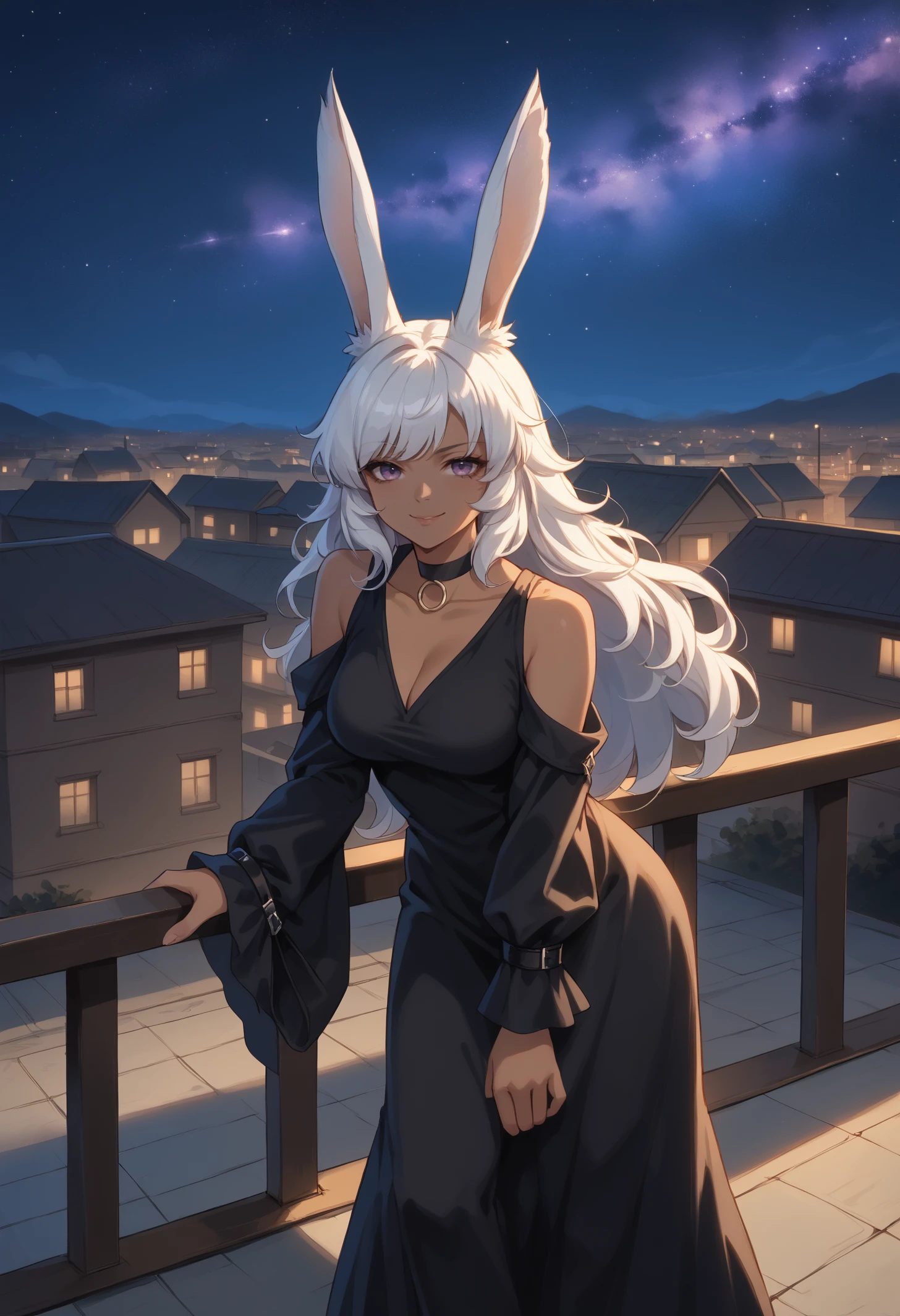 score_9, score_8_up, score_7_up, 1girl, LynaFF, dark-skinned female, animal ears, purple eyes, white hair, long hair, large breasts,
choker, black dress, long dress, shoulder cutout, sleeves past fingers,
looking at viewer, smile, smirk, leaning forward,
outdoors, dark, night, starry sky, rooftop, railing,
<lora:LynaPDXL_V1-Manityro-CAME:1.0>, <lora:Hoseki_BocchiTheRock_Pasan_PDXL_v2:1.0>,