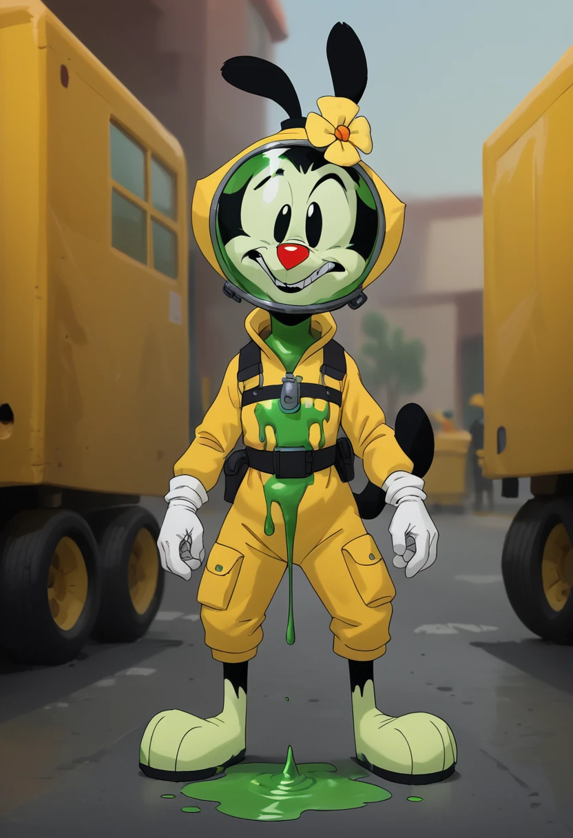 score_9, score_8_up, score_8,  <lora:Dot_Warner_Animaniacs_for_PonyXl:0.8> 1girl, furry, animal ears, d0tw4n3r, hair ornament, hair flower, white gloves, hazmat suit,  toxic waste, yellow barrels, green liquid on ground, parody,