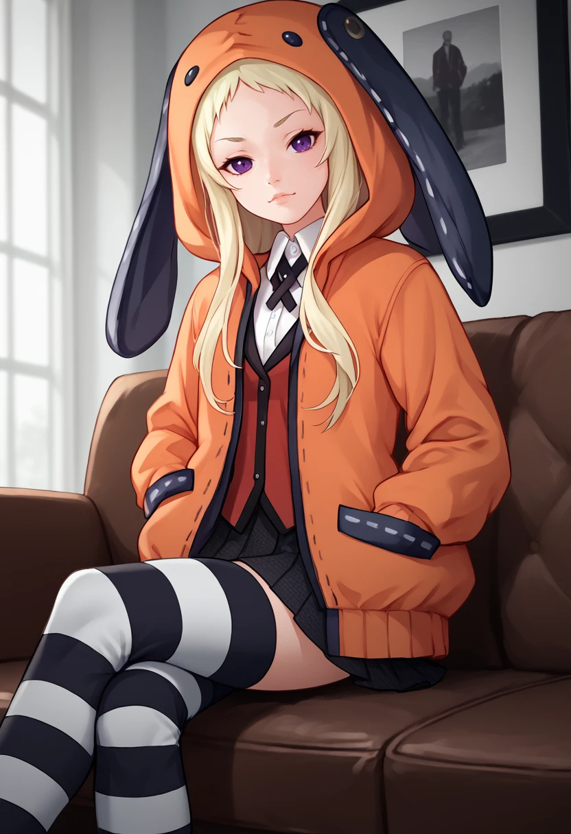 score_9,  score_7_up,  1girl, Runa, blonde hair, purple eyes, orange hooded jacket, white shirt, black and white thighhighs, animal hood, red blazer, pleated skirt, striped thighhighs,   sitting, crossed legs, looking at viewer,  hands in pockets, couch,    <lora:Runa 5_1-000008:1>