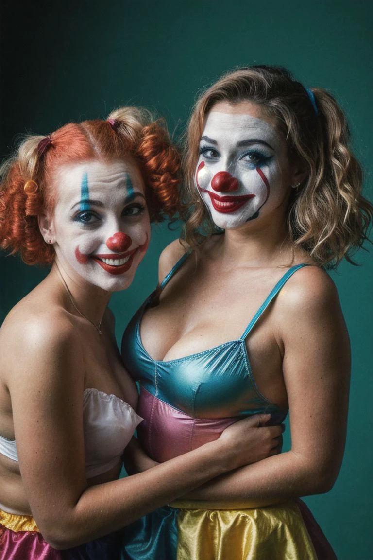 (full body shot, ultra-detailed, best quality, photorealistic:1.37, 4k, realistic, portrait, photography, Vincent and Jules from Pulp Fiction, iconic shooting pose, fetish, latex, dressed like sad clowns, clown red sponge ball nose, clown makeup, clown papillon, detailed facial features, vibrant colours, 35mm)