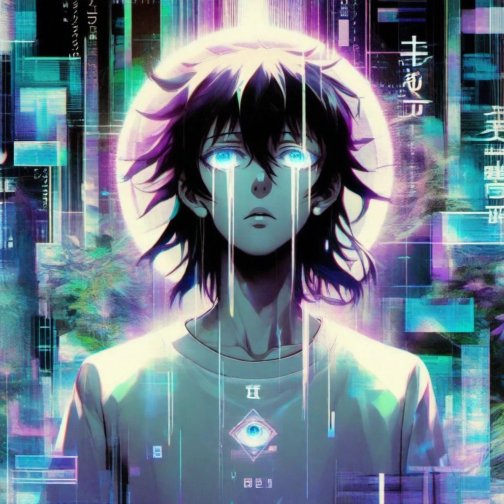 <lora:AnimeMan16_BestBaseModel:1> (((((Male Anime Character))))), glitch art, by MAPPA Studios, and star-studded wonders. Manga key arts, holographic undertones, glitchy, contrasting yet complementing the background filled with psychedelic patterns, male anime character, mid-length hair, iridescent, 16:9 anime art, liminal space, glitch, chaological rings, anime magazine cover, the iconic all-seeing eye, anime typography, dress digital anime, serial experiments lain, manga cover,kanji typography, anime boy, stands amidst a scene that's part 90's digital dream, image artifacts, anime boy, anime stylized, holographic, digital glitches, anime magazine cover, iridescent, high delicate defined details, chromatic aberration, digital user interface, his mid-length hair flowing like a river, image artifacts, where the past and the universe converge. A black-haired anime man, shinji ikari, close up Japanese lush flora water dripping leaves echoing blue rings turquoise glowing aura fractal pearlescent iridescent surrealist giygas turbulent bismuth glitchart, male anime character, a plug suit, part cosmic spectacle. His holographic shirt is almost a beacon in this world, breakcore, halo over his head, shinji ikari, holographic, kanji typography, digital user interface, lain from serial experiments lain, glitch, Anime, key art, harajuku clothes,breakcore, from a bygone digital era add layers to, all seeing eye illuminati, illuminati eye, mid-length hair