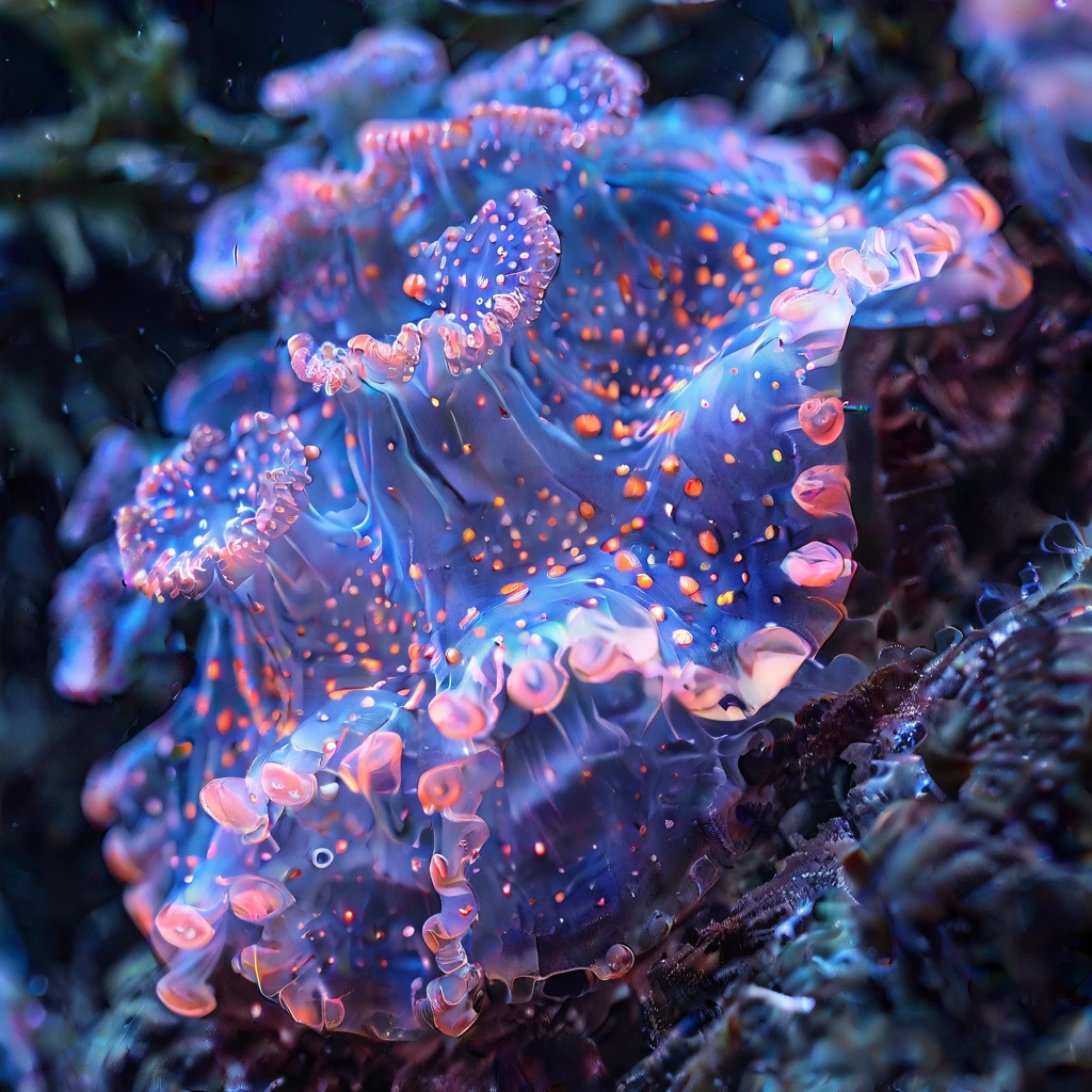 luminous, bioluminescence, glowing, jellyfish, blurry, dark, coral, realistic, plant, underwater, black background, full body, radiant, food, no humans, glowing eyes