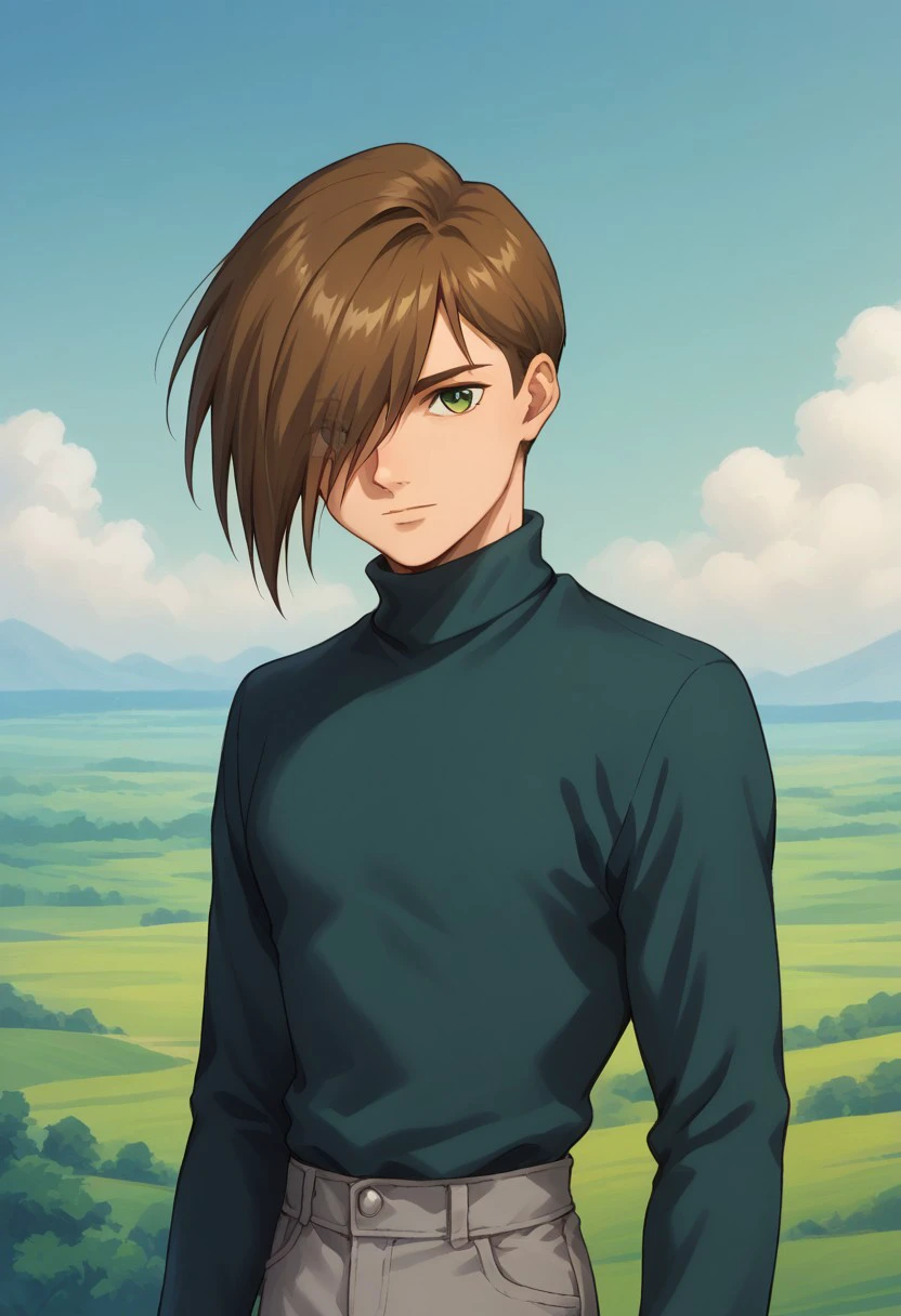 score_9, score_8_up, score_7_up, source_anime, highly detailed, 
trowa, 1boy, solo, male focus, hair over one eye, brown hair, long sleeves, turtleneck, green eyes, pants, sweater, looking at viewer, black shirt,
pants, grey pants, upper body,
outdoor, sky,