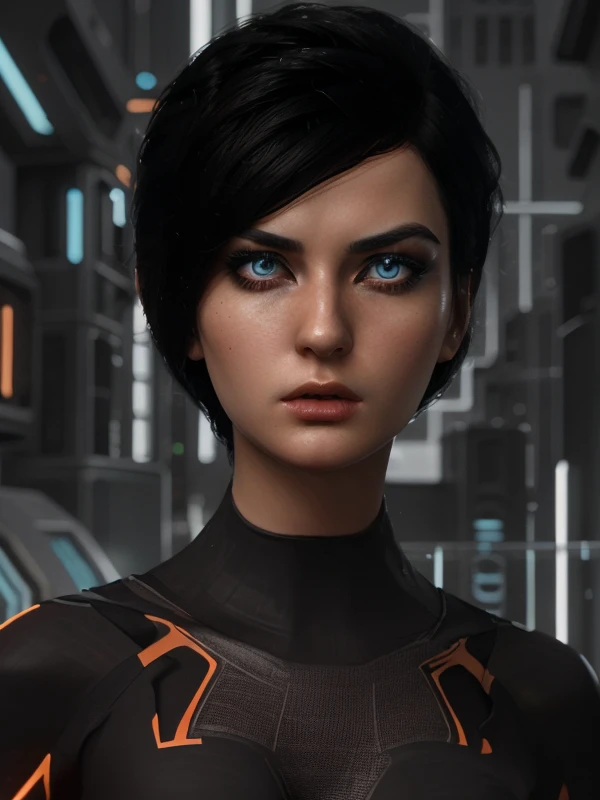 (best quality:1.5) (kira)+, young woman, short black hair, detailed glowing blue android eyes, dressed in futuristic outfit, black bodysuit with orange lines, complex line pattern on suit, slim clothes, (classic kira appearance)+, detailed drawn face, (correct eyes)++,  angry expression, correct proportions, looking at viewer, closeup, upper body showing, epic science fiction scenery, <lora:kira:1>, semi-realistic