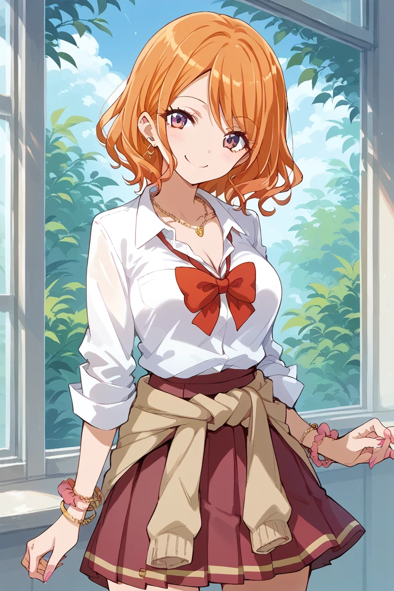 score_9, score_8_up, score_7_up, score_6_up, 1girl,
 <lora:Tsukasa_Ebisu:0.9> tsukasa, orange hair, breasts, solo, jewelry, smile, clothes around waist, school uniform, skirt, necklace, looking at viewer, gyaru, bracelet, bow