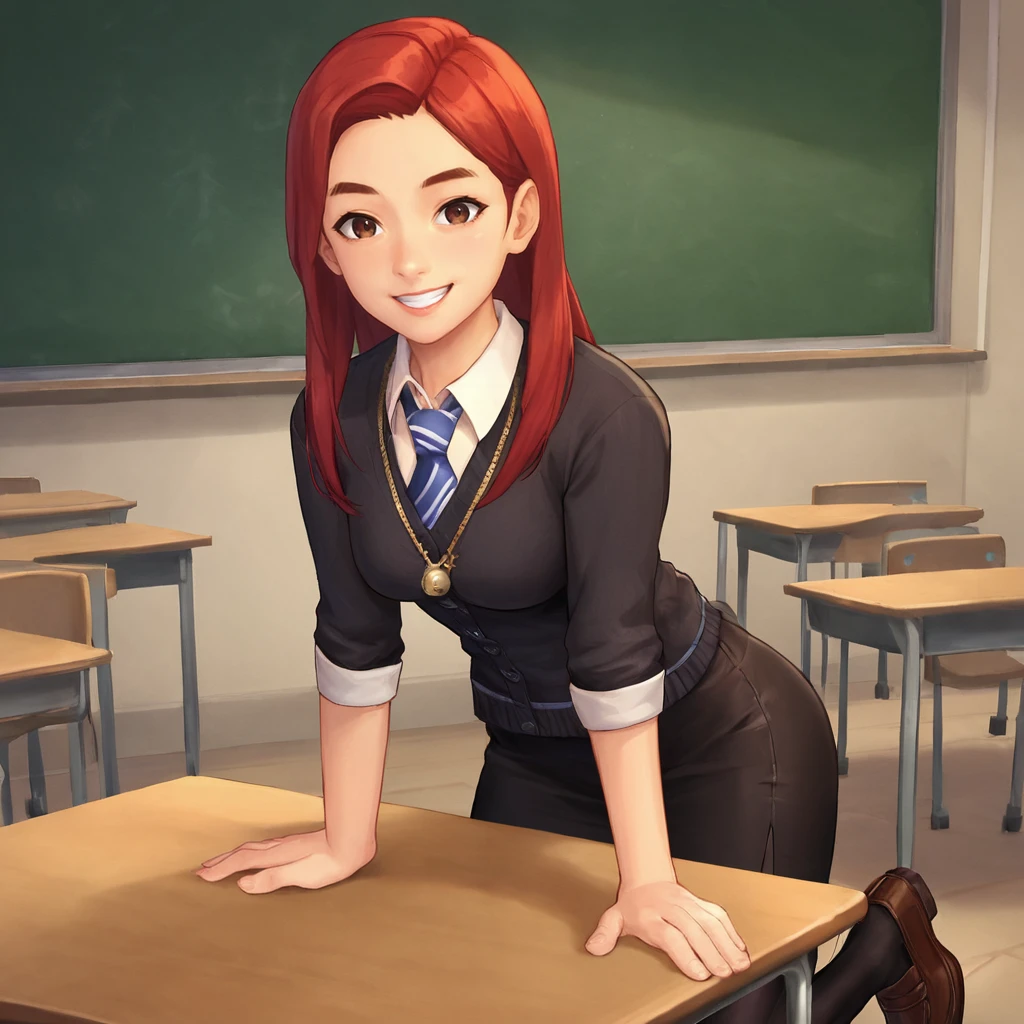 score_9,score_8_up, score_7_up, source_anime, BREAK
indoors, classroom, window, chalkboard,
<lora:Tulipkarasu_SDXL:0.72>, tulipkarasu, 1girl, solo, looking at viewer, smile, red hair, long hair, brown eyes, black cardigan, black skirt, jewelry, collared shirt, necklace, medium breasts, blue necktie, striped necktie, sleeves rolled up, black pantyhose, thighs, brown loafers, on desk