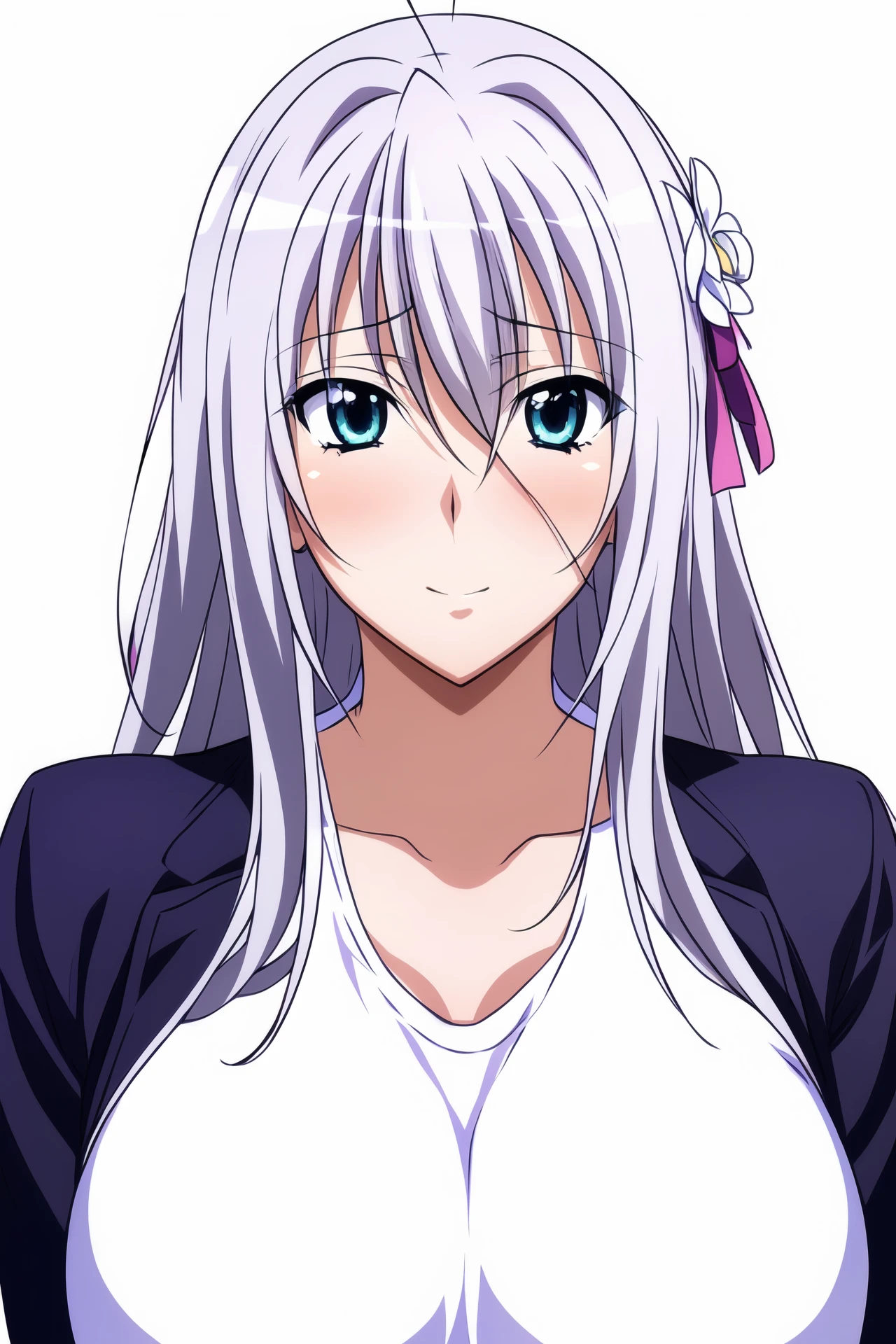 Simple Background,(White_Background:1.4),
dynamic pose,standing at attention,
business suit, formal, pant suit, pants,Blue jacket,long sleeves, 
<lora:Rossweisse_DXD-KK77-V1:0.7>,rossweisse,
Blue eyes, silver hair,  bangs,Long hair,Makeup, red lipstick, hair ornament, hair flower, 
<lora:more_details:0.1>,<lora:NovelAI_YesMix5_KKStyle-KK77-Yes5-V1:0.5>,
1 girl, 20yo,Young female,Beautiful long legs,Beautiful body,
Beautiful Nose,Beautiful character design, perfect eyes, perfect face,expressive eyes,perfect balance,
looking at viewer,(Focus on her face),closed mouth, (innocent_big_eyes:1.0),(Light_Smile:0.3),
official art,extremely detailed CG unity 8k wallpaper, perfect lighting,Colorful, Bright_Front_face_Lighting,White skin,
(masterpiece:1.0),(best_quality:1.0), ultra high res,4K,ultra-detailed,
photography, 8K, HDR, highres, absurdres:1.2, Kodak portra 400, film grain, blurry background, bokeh:1.2, lens flare, (vibrant_color:1.2),professional photograph,
(Beautiful,large_Breasts:1.4), (beautiful_face:1.5),(narrow_waist),