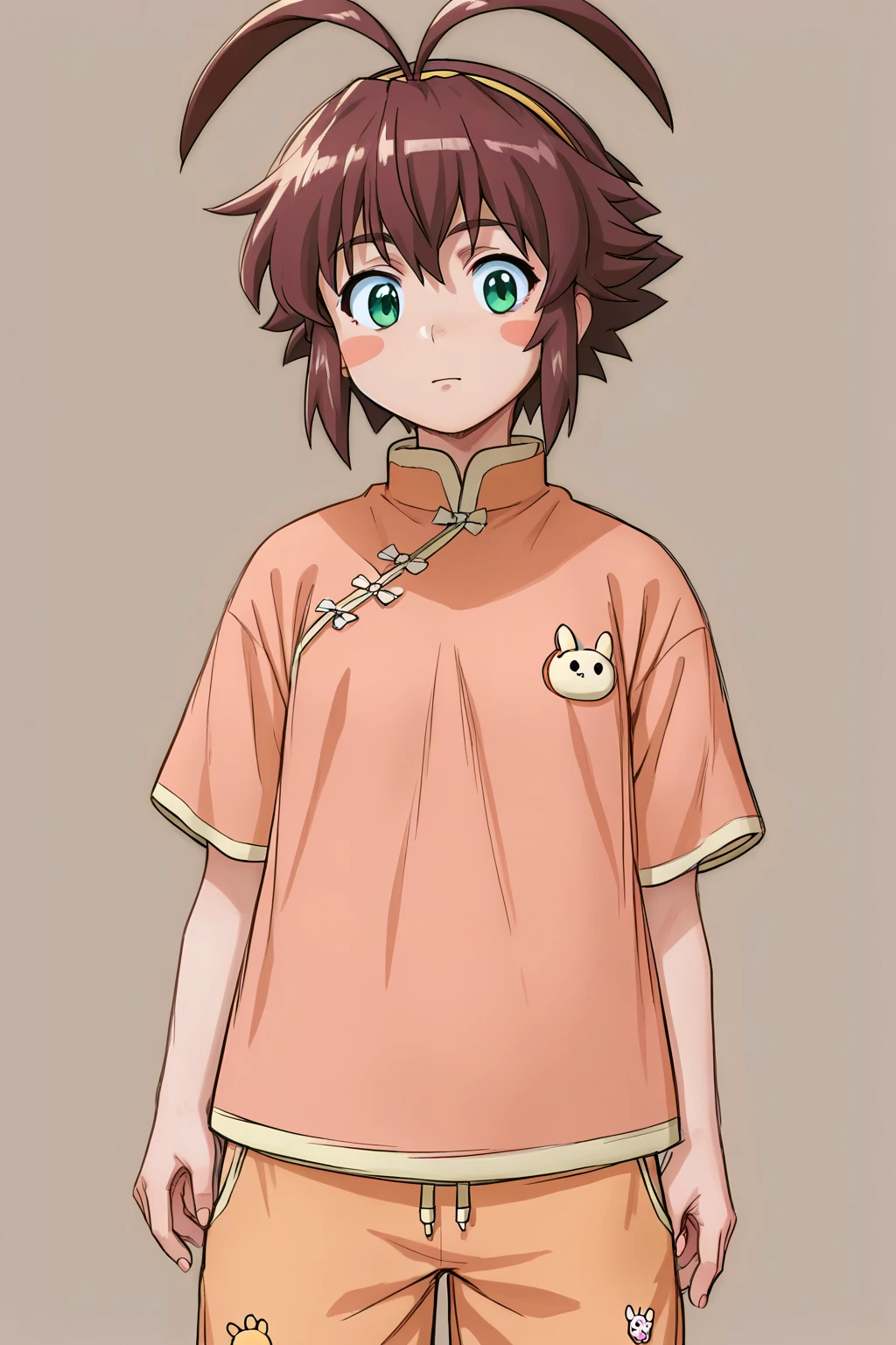 score_9, score_8_up, score_7_up, score_6_up, score_5_up, score_4_up, source_anime, rating_safe, 1girl, uma, hairband, brown hair, long antenna hair, blush stickers, pajamas