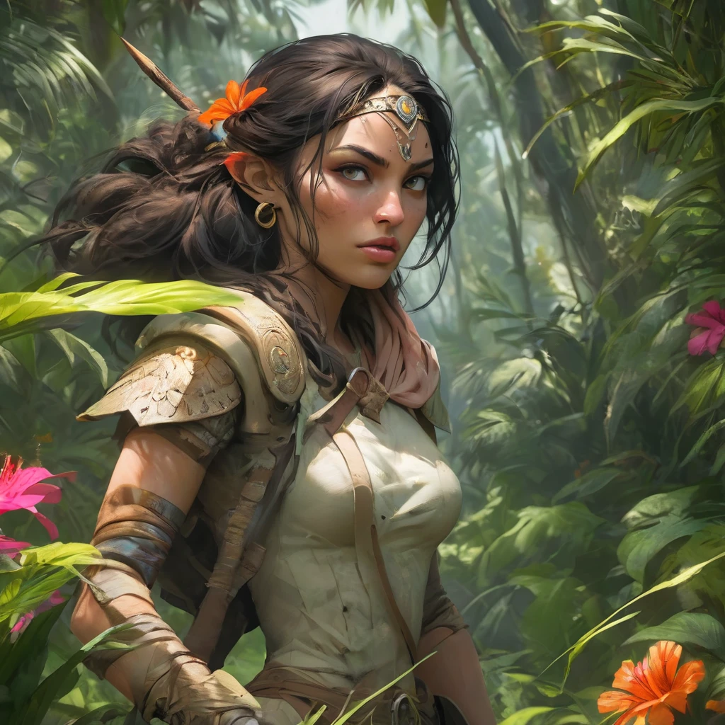 A beautiful huntress stalking through the jungle, dappled lighting, colorful flowers and fauna