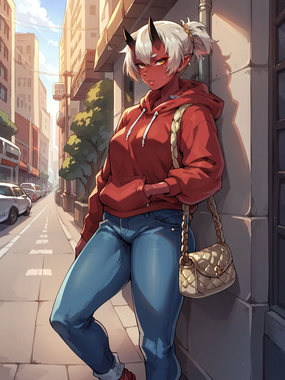 score_9, score_8_up, score_7_up, score_6_up, mikoyanstyle,
1girl, solo, red skin, oni horns, oni, red oni, colored skin, city, street,hoodie, jeans, handbag,
<lora:mikoyan_style_v1:0.8>,