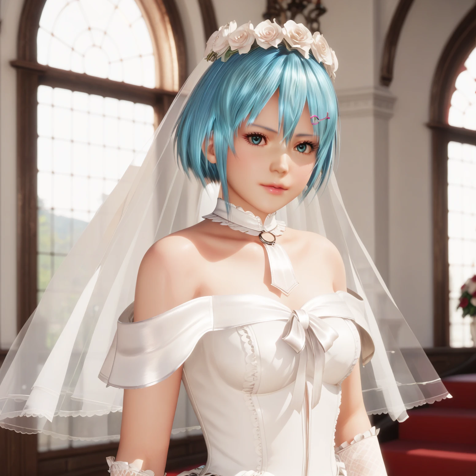 1girl, nico_(doa), hairclip, wedding attire, bridal_gauntlets, bridal_veil, upper_body, standing, indoors, score_9, score_8_up, score_7_up, 8k, masterpiece, best quality, perfect anatomy, very aesthetic, absurdres, intricate detailed,