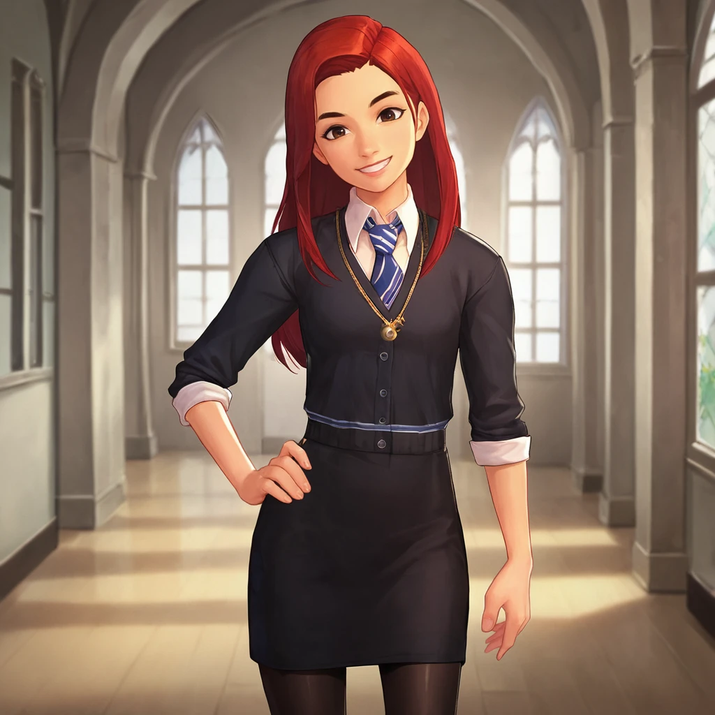 score_9,score_8_up, score_7_up, BREAK
indoors, window, hallway,
<lora:Tulipkarasu_SDXL:0.695>, tulipkarasu, 1girl, brown eyes, looking at viewer, smile, red hair, long hair, solo, school uniform, black skirt, jewelry, collared shirt, necklace, blue necktie, striped necktie, sleeves rolled up, black pantyhose, thighs, hand on hip,