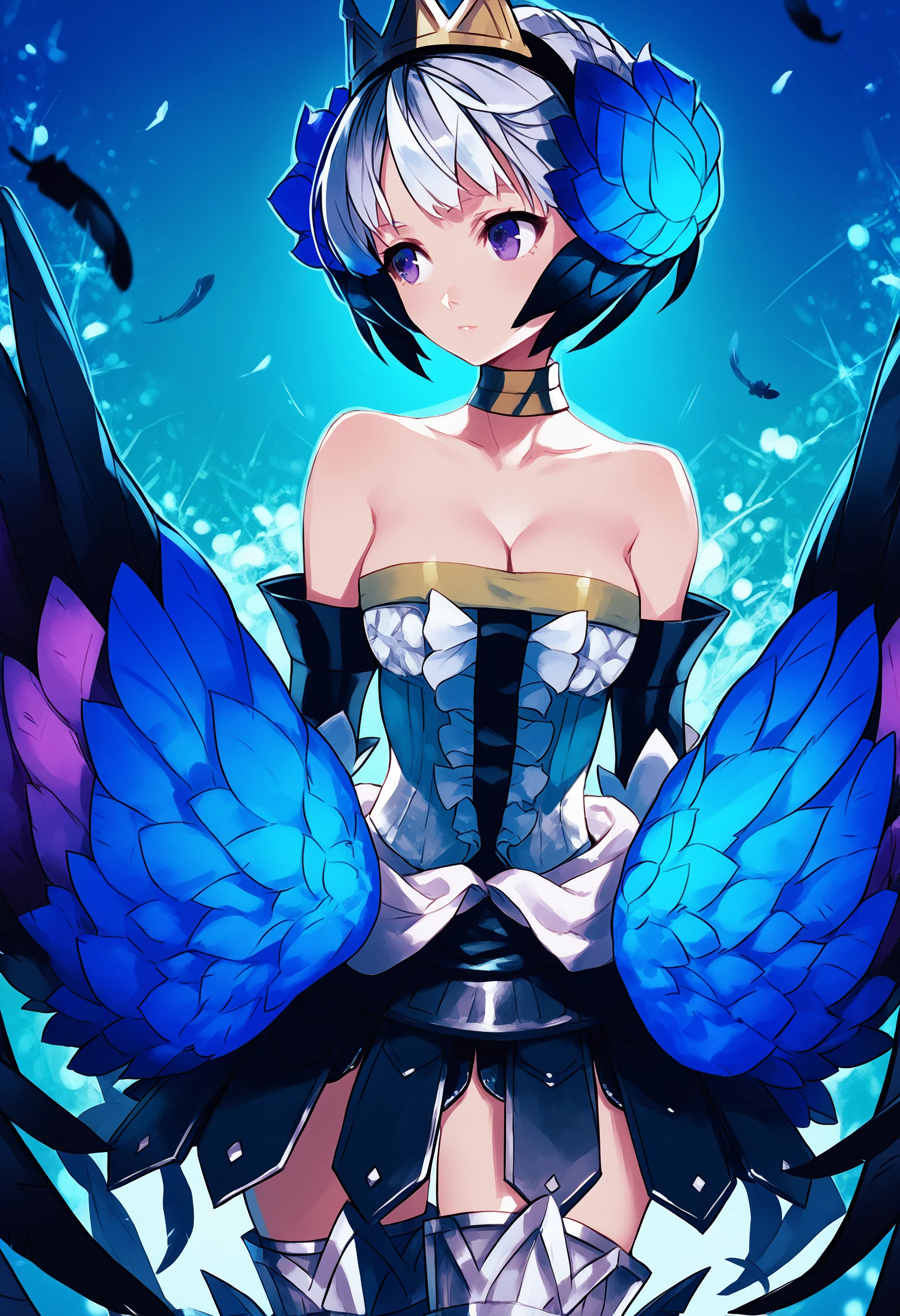 score_9, score_8_up, score_7_up, score_6_up, best quality, masterpiece,
gwendolyn \(odin sphere\), head feathers, 1girl, solo, wings, strapless, armor, strapless dress, armored dress, thighhighs, bare shoulders, multicolored feathers, purple feathers, blue feathers, black feathers, crown, cleavage, choker, purple eyes, detached sleeves, white hair, medium breasts, grey hair, multicolored wings, low wings, hair ornament
<lora:avian_mge_concepts_v11:1>