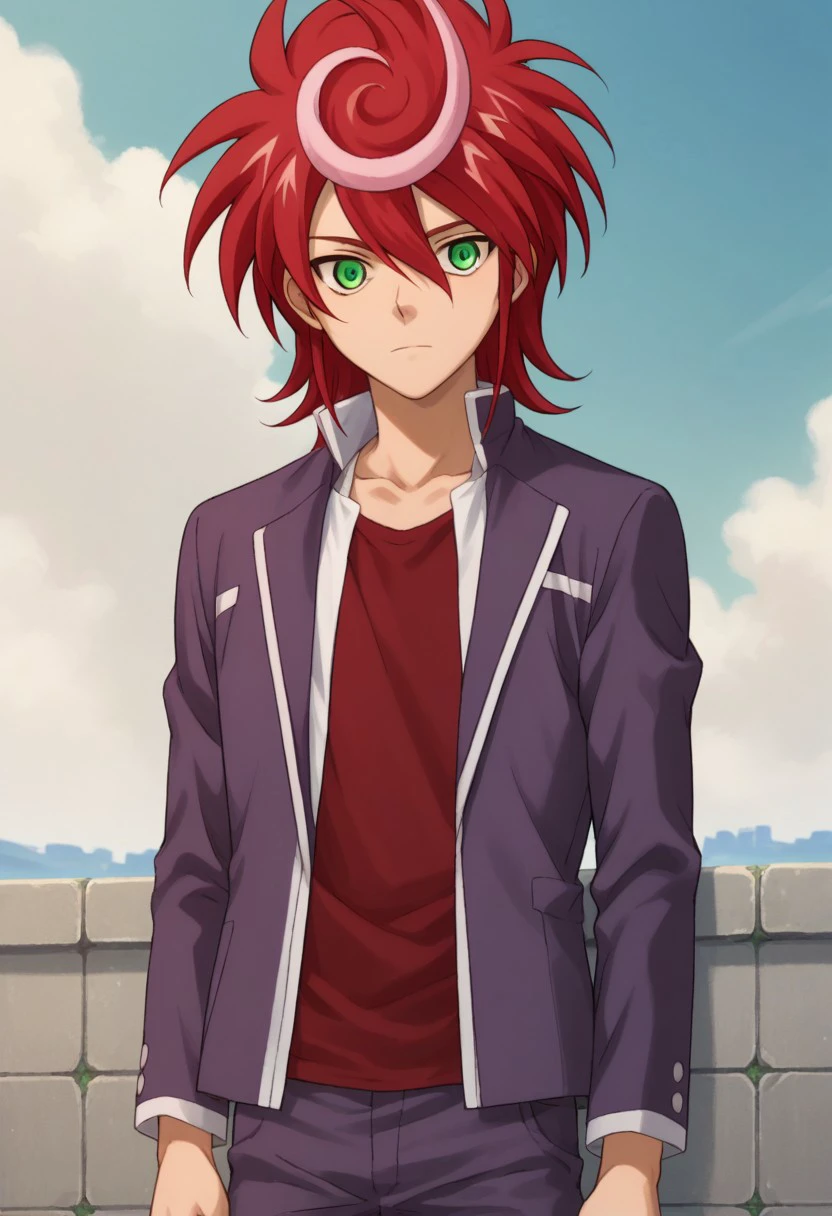 score_9, score_8_up, score_7_up, source_anime, highly detailed, 
shindou, 1boy, male focus, solo, school uniform, green eyes, red hair, multicolored hair,
dyed bangs, two-tone hair, upper body, jacket, open jacket, shirt, red shirt,
pants, 
outdoor, sky,