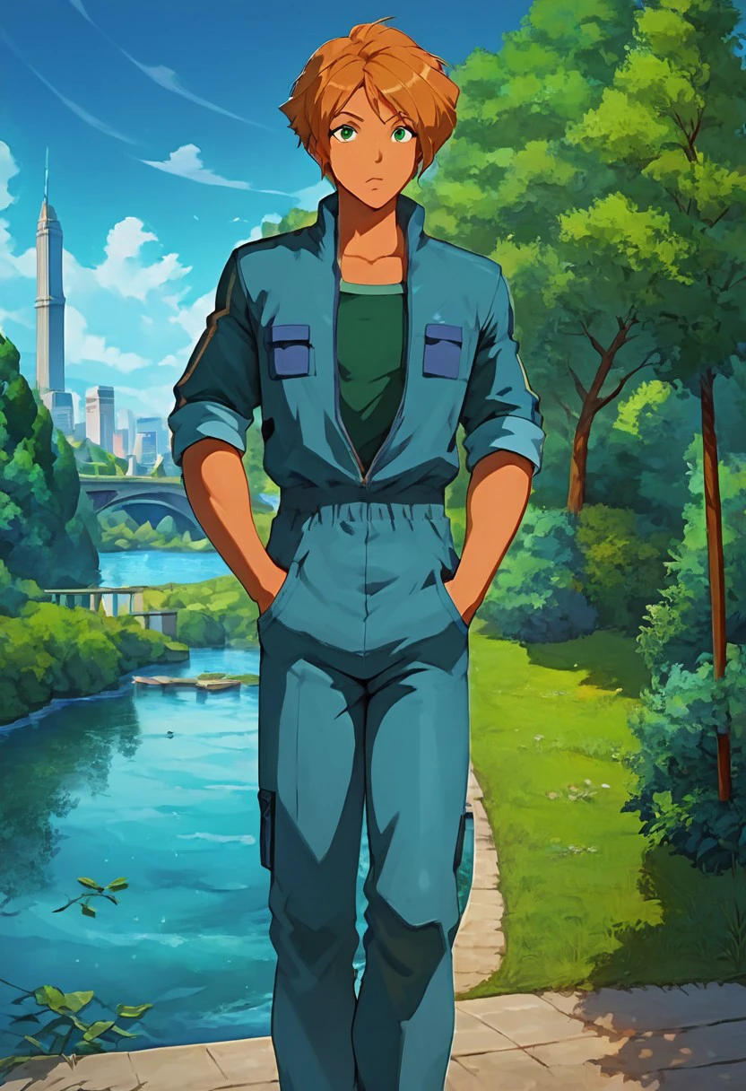 zPDXL2, score_9, score_8_up, score_7_up, 1boy, guillaume_ts!, green eyes, ginger hair, light tanned skin, green shirt, jumpsuit, look at viewer, hands in pocket, city background, Paris, river, bridge, park, sc3n3ry