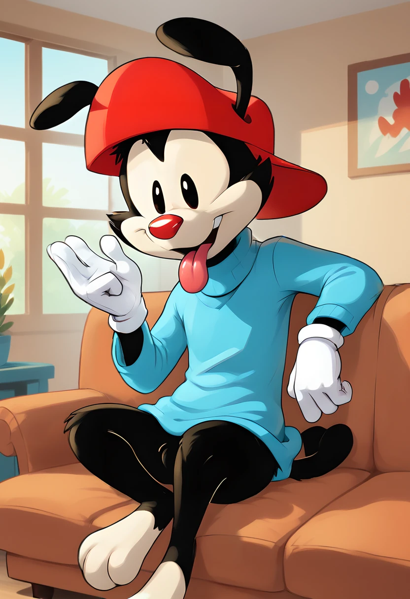 score_9, score_8_up, score_8,   <lora:Wakko_Warner_Animaniacs_for_PonyXL:0.8> 1boy, furry, animal ears, w4kk0, hat, red headwear, tongue, white gloves, tail, blue sweater, sitting on couch, living room, window,