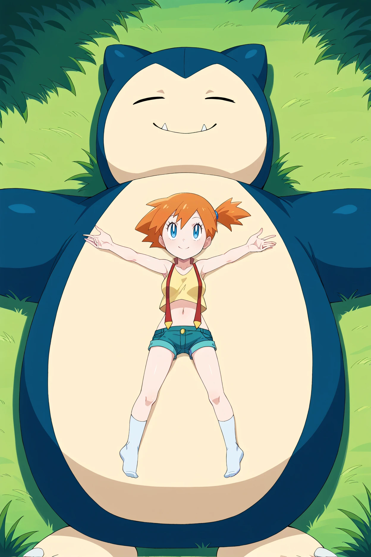 score_9, on snorlax, snorlax, pokemon \(creature\), no humans, 1girl,size difference, closed eyes, misty \(pokemon\),(blue eyes,looking up), short sidetail, orange hair, fangs out, sleeping, grass, lying, denim shorts, smile, on back, closed mouth, red suspenders, socks, yellow shirt,outstretched arms, crop top, spread arms, sleeveless, sleeveless shirt, two-tone skin <lora:SnorlaxPony:1>