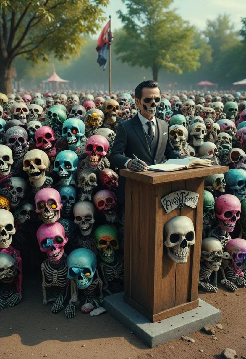 (medium full shot) of a puppet made of colorful skulls, an outdoor press briefing, with a makeshift podium, gathered crowd, and the reporter taking notes ,Masterpiece,best quality, photo, realistic, very aesthetic