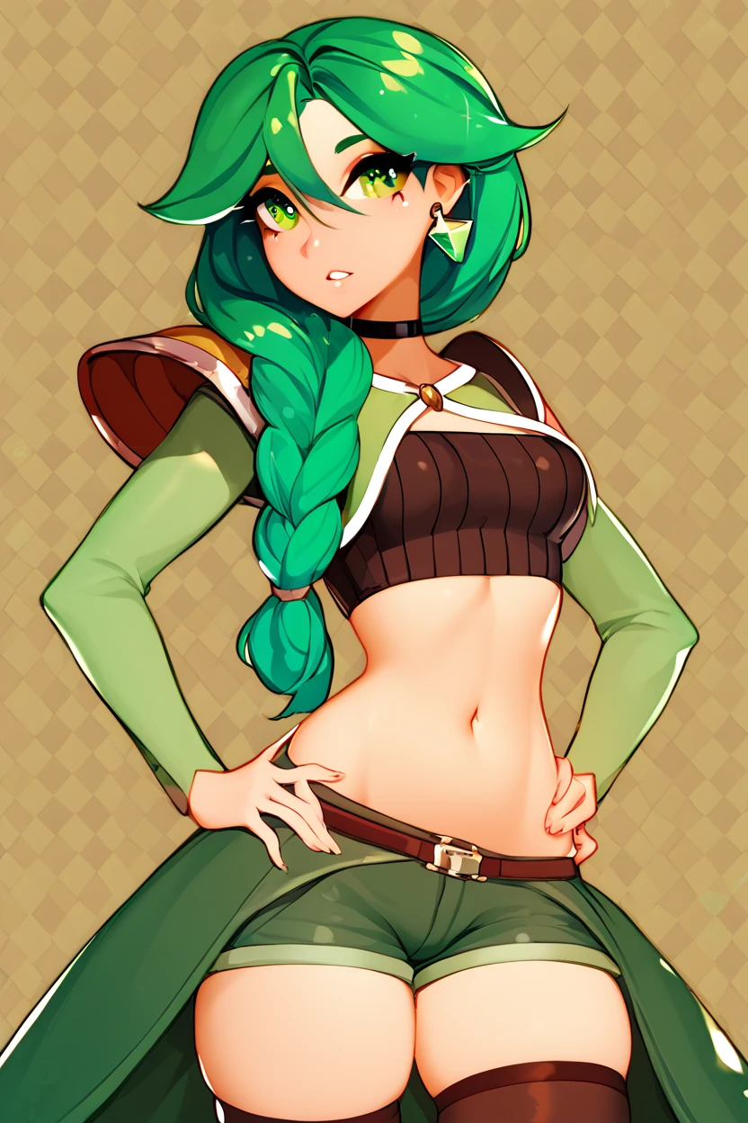 score_9, score_8_up, score_8, medium breasts, (curvy), cute, eyelashes,       BREAK, , <lora:CherylPokemonPDXL-000009:0.8>, zzCheryl, green eyes, single braid, hair over shoulder, green jacket, long dress,, BREAK, thighhighs, navel, jewelry, medium breasts, cowboy shot, earrings, parted lips, shorts, choker, midriff, armor, short shorts, skindentation, black choker, shoulder armor,  abstract background,   hand on hip,   embedding:zPDXL, Expressiveh,  <lora:Halphelt_PDXL-000008:0.8>,  <lora:Uncensored_PonyXL_cpt_v02.09:0.4>,  <lora:Expressive_H-000001:0.4>,