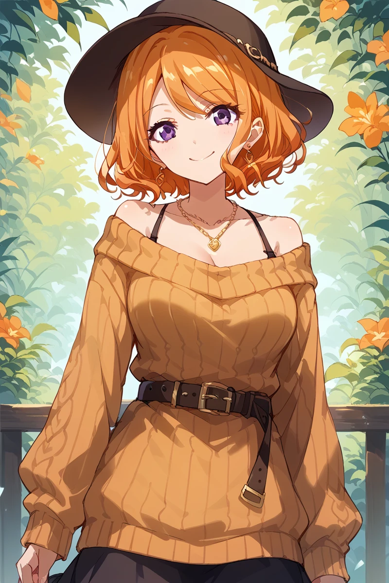 score_9, score_8_up, score_7_up, score_6_up, 1girl,
 <lora:Tsukasa_Ebisu:0.9> tsukasa, orange hair, breasts, solo, hat, jewelry, smile, looking at viewer, sweater, purple eyes, orange hair, skirt, belt, short hair, earrings, necklace, off-shoulder sweater