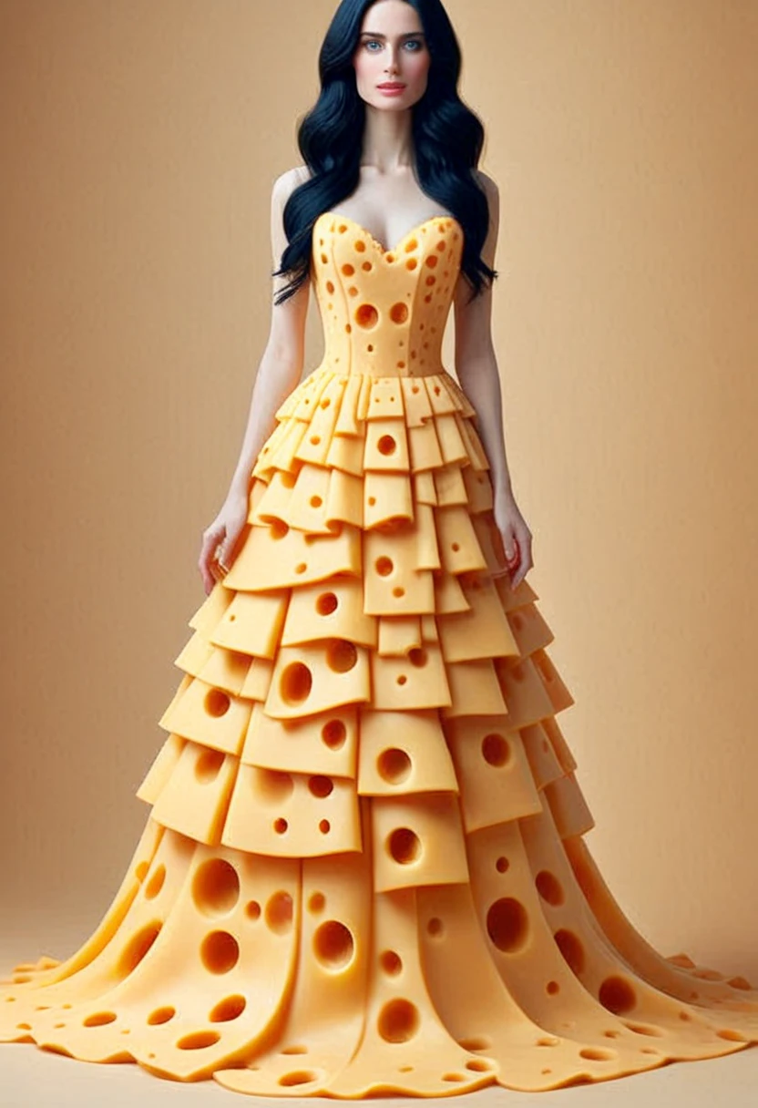 cheesemorph, a woman with long black hair and blue eyes, wearing a dress