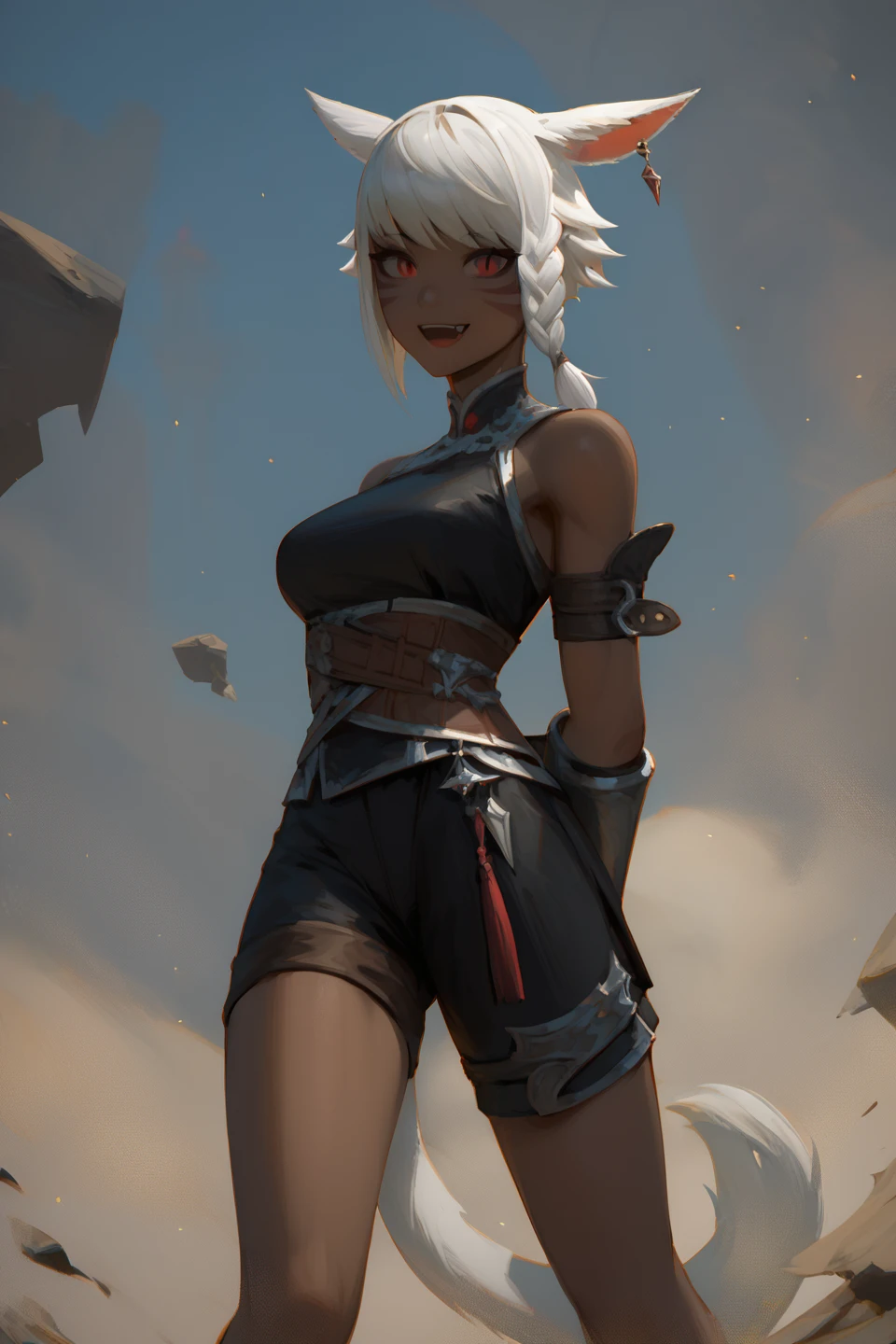 score_9, score_8_up, score_7_up, best quality, masterpiece, 4k, very aesthetic, source_anime, 1girl, long white hair, side braid, cat ears, miqo'te, final fantasy xiv, red eyes, black leather tunic, brown leather shorts, slit pupils, bracers, looking at viewer, happy, fang, white tail,  dark skin, ebony skin,  <lora:Ebony_Pony_XL:.8> aiebonyskin, black skin, colored skin, skinny, arms behind back, , cute pose,  <lora:Liu-Like Light:1> liufd