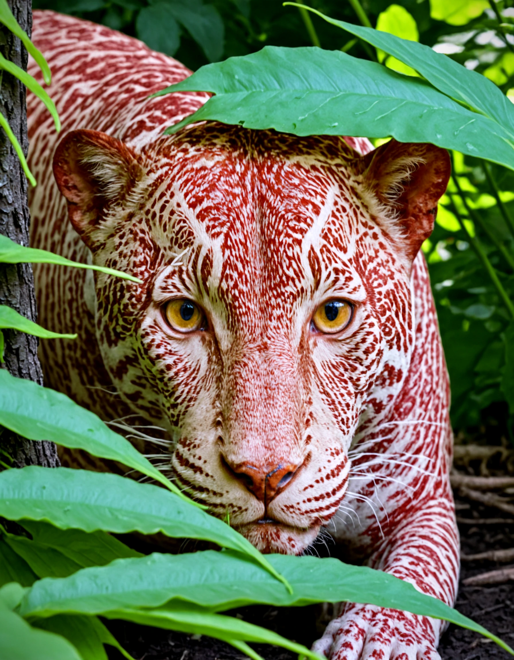 jaguar made of (wagyu), in jungle, peeking through foliage, face focus, eyes looking at viewer, dappled sunlight filtering through canopy, detailed, National Geographic, award winning photography, bokeh, vignette,