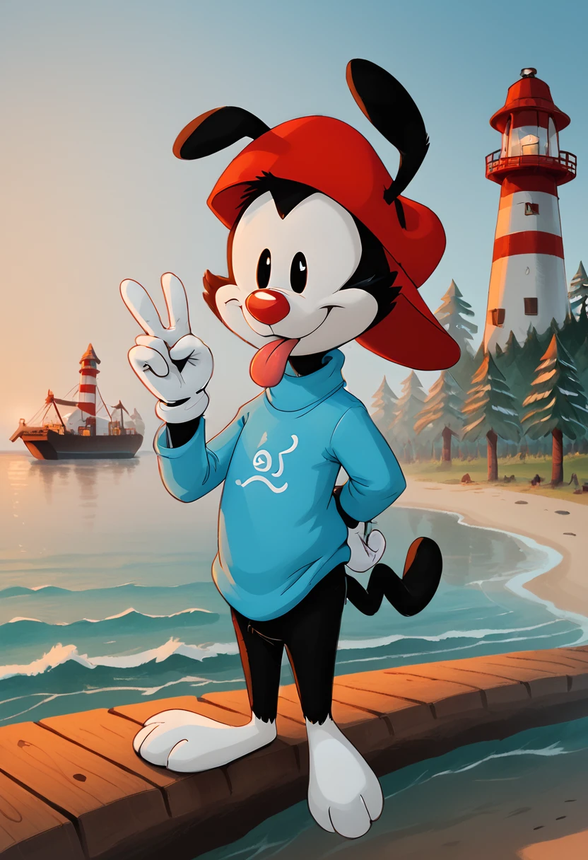 score_9, score_8_up, score_8,   <lora:Wakko_Warner_Animaniacs_for_PonyXL:0.8> 1boy, furry, animal ears, w4kk0, hat, red headwear, tongue, white gloves, tail, blue sweater, docks, ocean, lighthouse, scenery, pine trees, overcast, solo, peace sign,