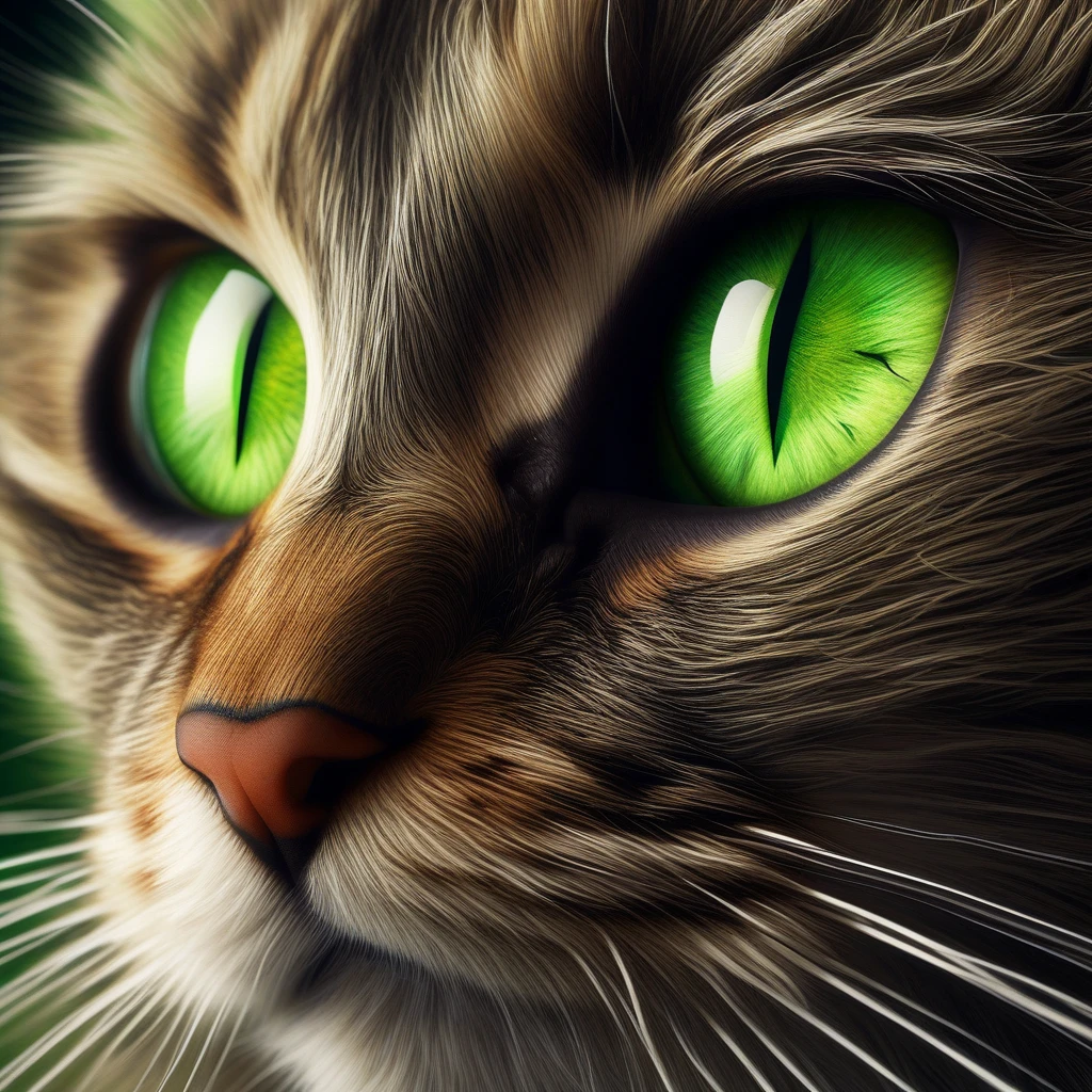 A detailed close-up of a cat's eye with a bright green iris and vertical slit pupil. The eye reflects the surroundings, showing a room with furniture. The fur around the eye is soft and slightly fluffy, with whiskers visible in the frame.