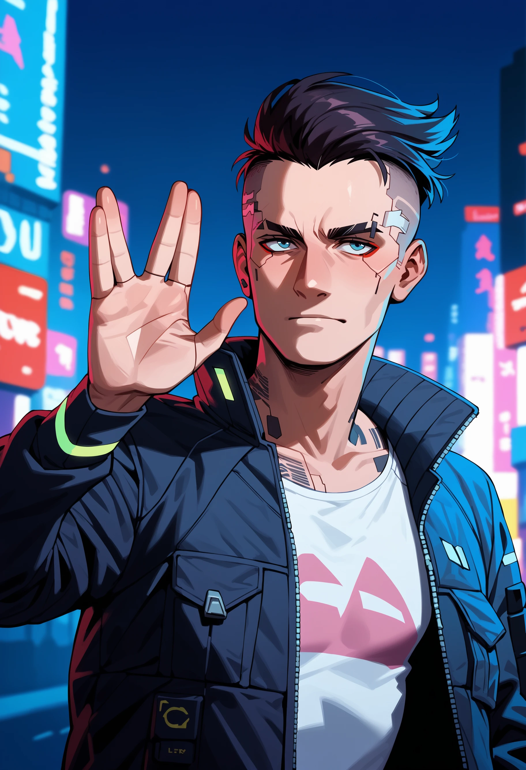 score_9, score_8_up, score_7_up, score_6_up, score_5_up,man,in a city,cyberpunk city,neons,
vulcansalute hand gesture<lora:VulcansalutePonyV1-000035>