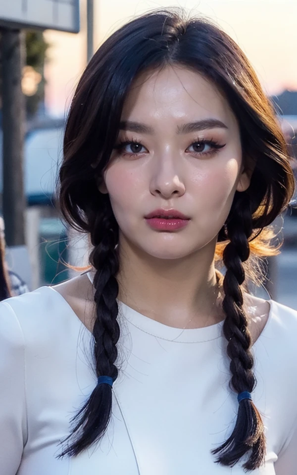 <lora:Seulgi_V2:1> Seu!g!, (realistic), (hyperrealism), (photorealistic:1.4), 1girl, looking at the viewer, eye makeup, detailed eyes, detailed face, (upper body:1.2), detailed background, black dress, walking at the streets, sunset, (windy:1.2)