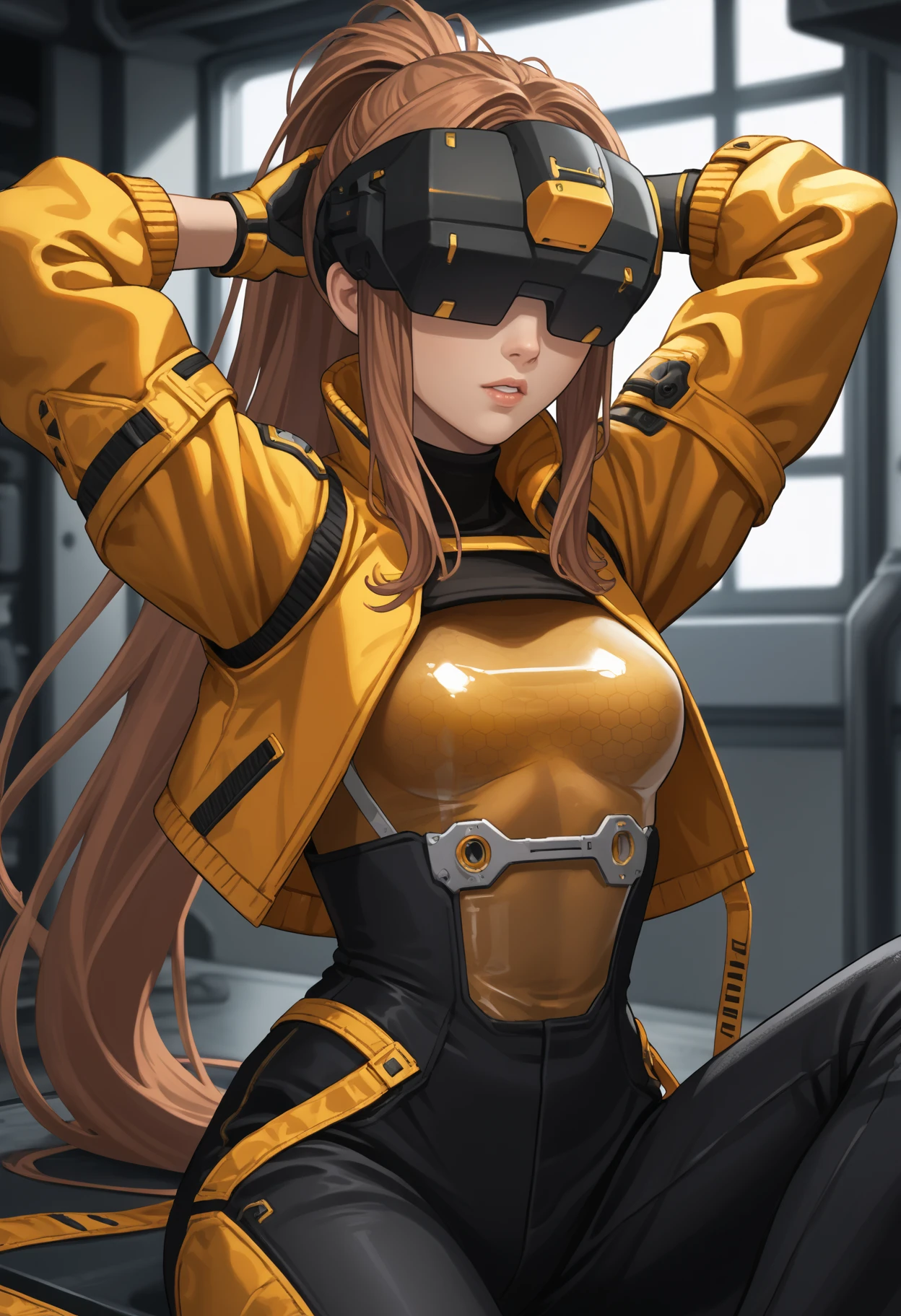 score_9, score_8_up, score_7_up, source_anime BREAK 1girl, solo, <lora:idollflower-nikke-richy-v1_pdxl:1>idllflwr, head-mounted display, covered eyes, brown hair, very long hair, ponytail, jacket, crop jacket, yellow bodysuit, gloves, black pants, arms behind head, parted lips, sitting,