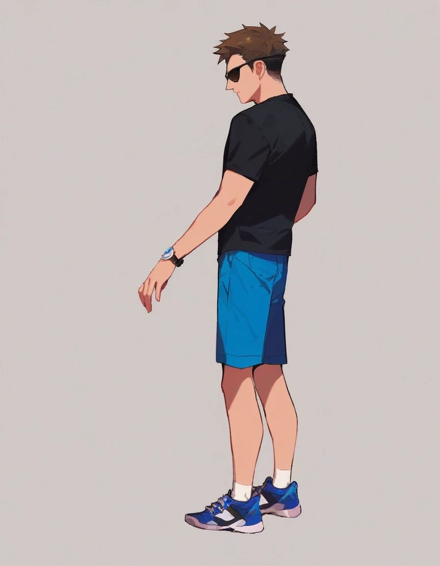 agent_cortez, solo, 1boy, simple background, full body, black shirt with a CIA badge, sunglasses, dark blue shorts, dark blue shoes, brown hair, standing