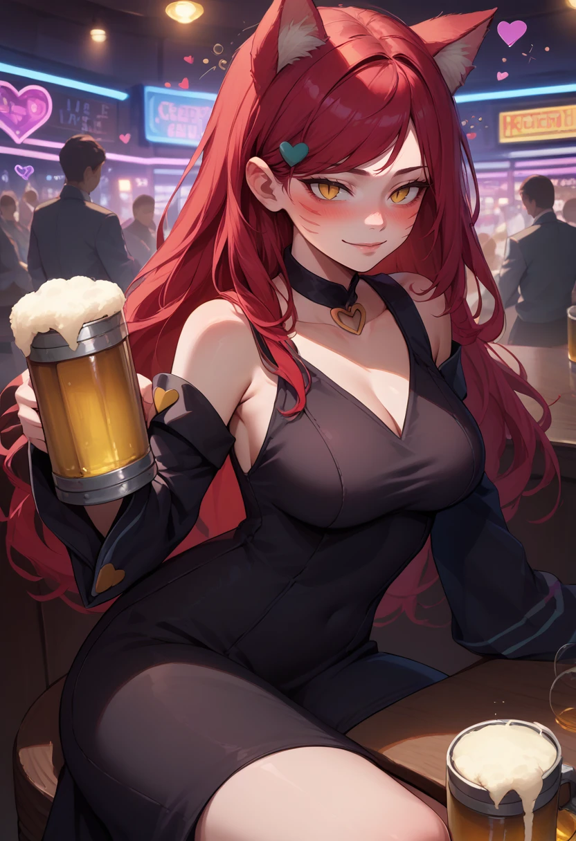 A cartoon drawing of a woman in a bunny costume holding a beer, bunny, with bunny ears, with long and flexible rabbit ears, Bunny Fanart, with big rabbit ears, rabbit ears, R/Art, R/Art, Bunny ears, with a drink, itsuki nakano, itsuki, redhair, star-shaped accessories, Hair accessories, sexy, (black rabbit suit), sexy face