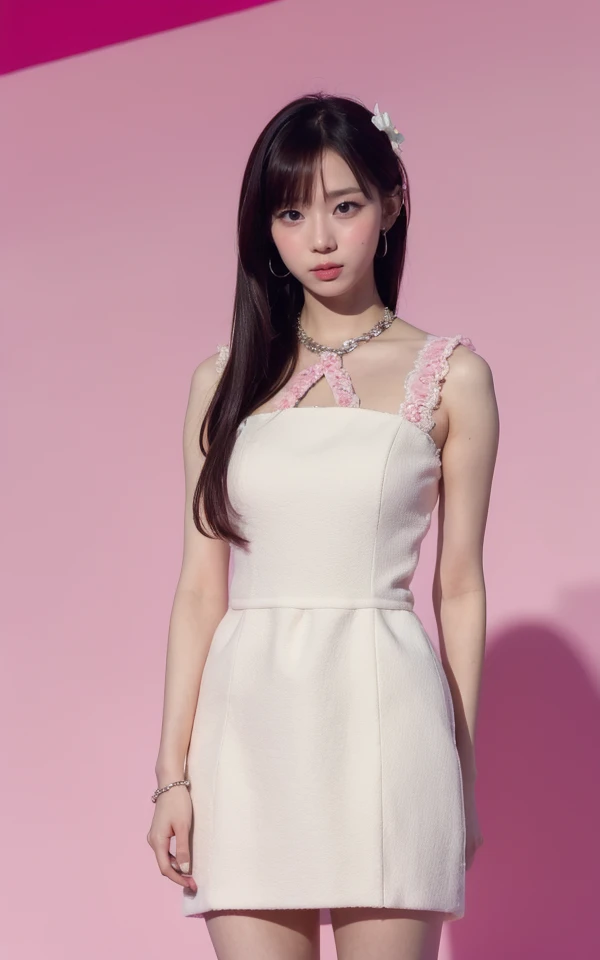 <lora:Winter_V4:1> w!nter,, , (realistic), (hyperrealism), (photorealistic:1.4), 1girl, black hair, dress, hair ornament, lips, looking at viewer, makeup, (pink background:1.2), realistic, ribbon, sleeveless, solo, standing, white dress