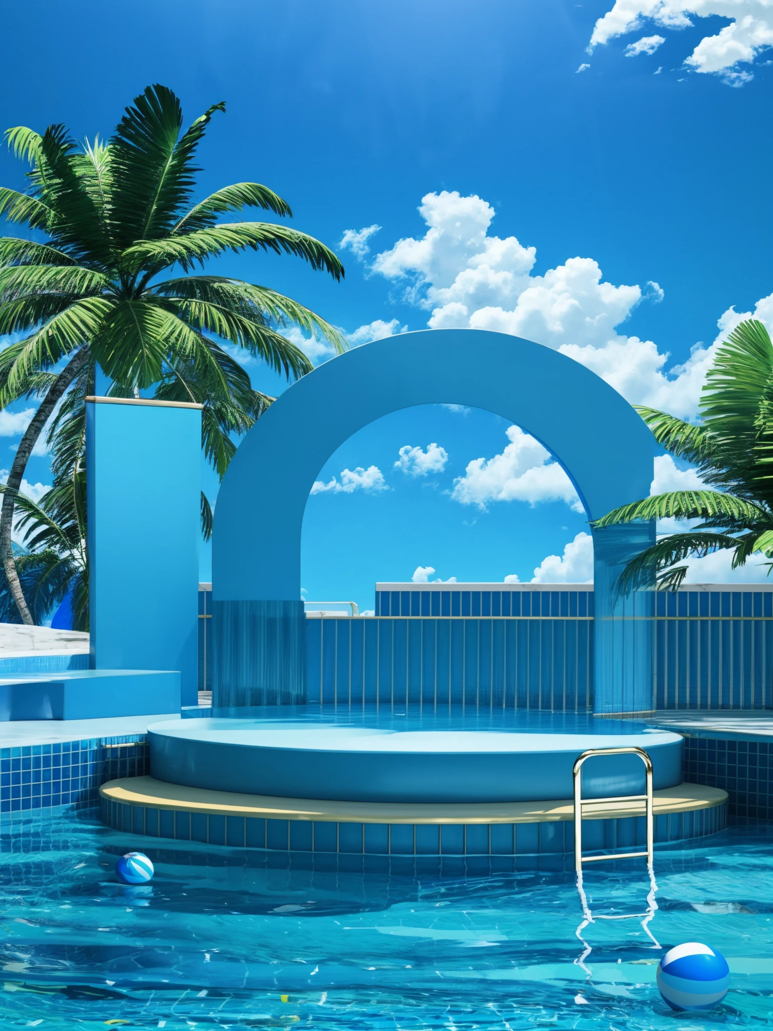 texture,HEZI,electronic mall scene,detail,rendering,no humans,cloud,scenery,sky,outdoors,tree,day,pool,water,pool ladder,ball,blue sky,cloudy sky,palm tree,beachball,innertube,chair,plant,<lora:çµååºæ¯-000014:0.7>,