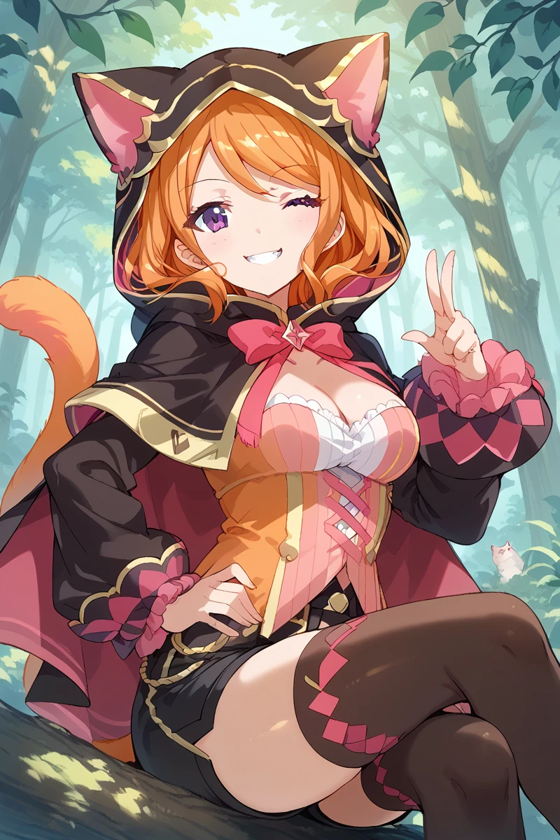 score_9, score_8_up, score_7_up, score_6_up, 1girl,
 <lora:Tsukasa_Ebisu:0.9> tsukasa, orange hair, breasts, solo, smile, purple eyes, shorts, hand on hip, looking at viewer, cleavage, hood, cape, black shorts, thighhighs, animal hood, tree, one eye closed, tail, cat tail, sitting, in tree, sitting in tree, nature, forest